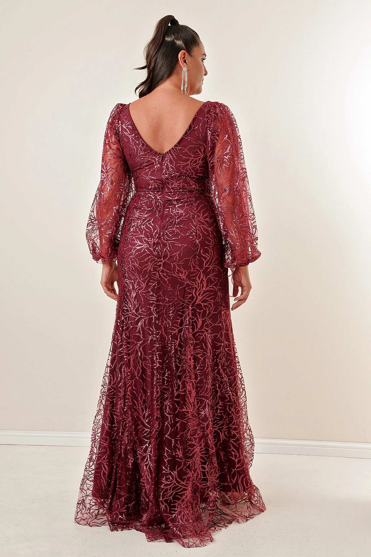 Ön Arka V Yaka Simli Flok Baskı B.B Uzun Elbise