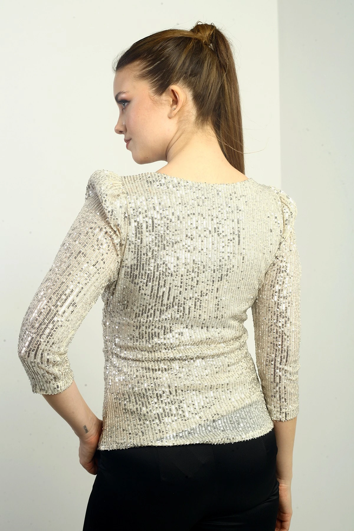 Kadın Kruvaze Yaka Önü Drapeli Astarlı Pulpayet Uzun Kollu Bluz