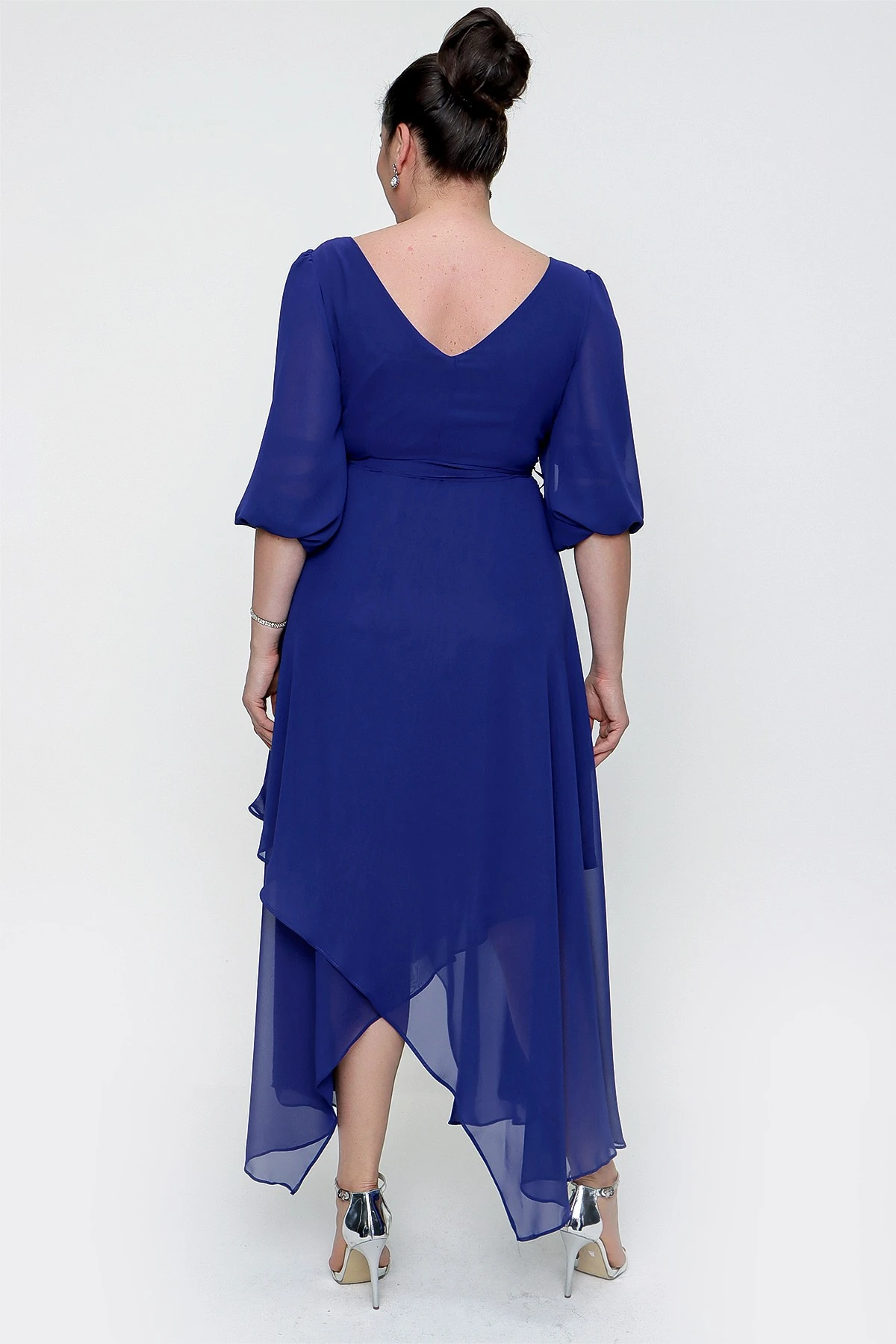 Kruvaze Balon Kollu Uzun Şifon Elbise