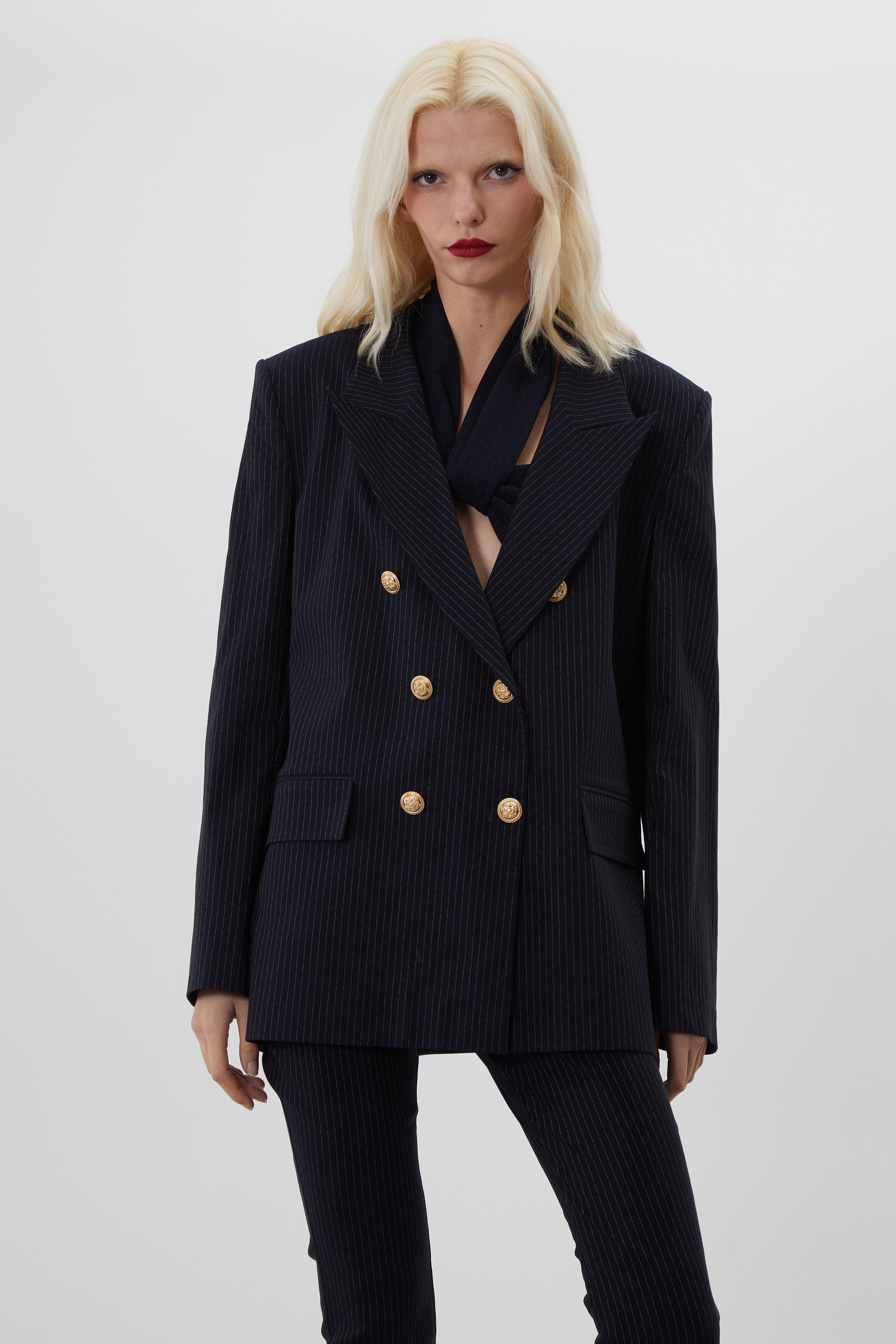 JACKIE EKTSRA OVERSIZED LACİVERT ÇİZGİLİ BLAZER CEKET