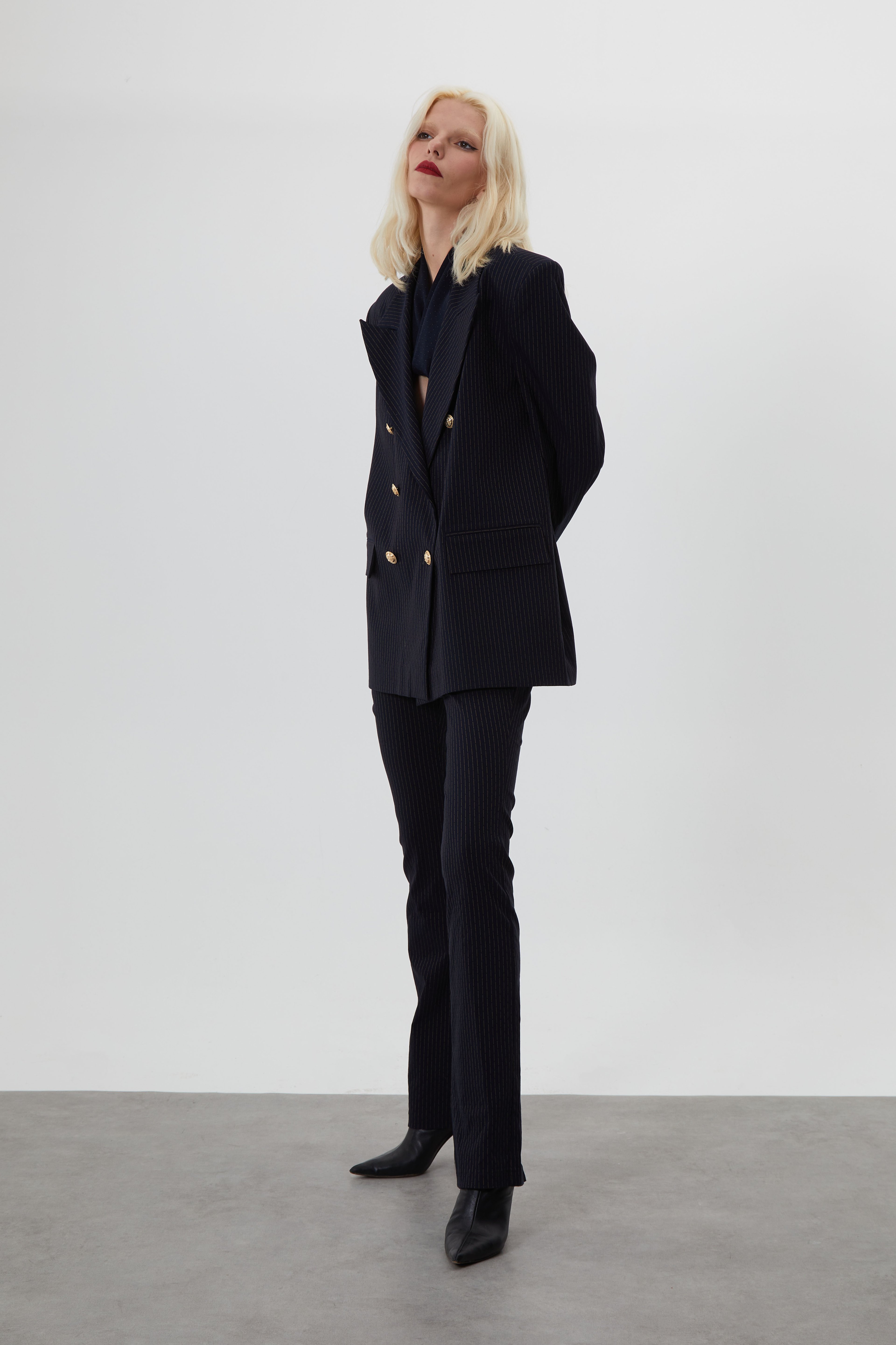 JACKIE EKTSRA OVERSIZED LACİVERT ÇİZGİLİ BLAZER CEKET
