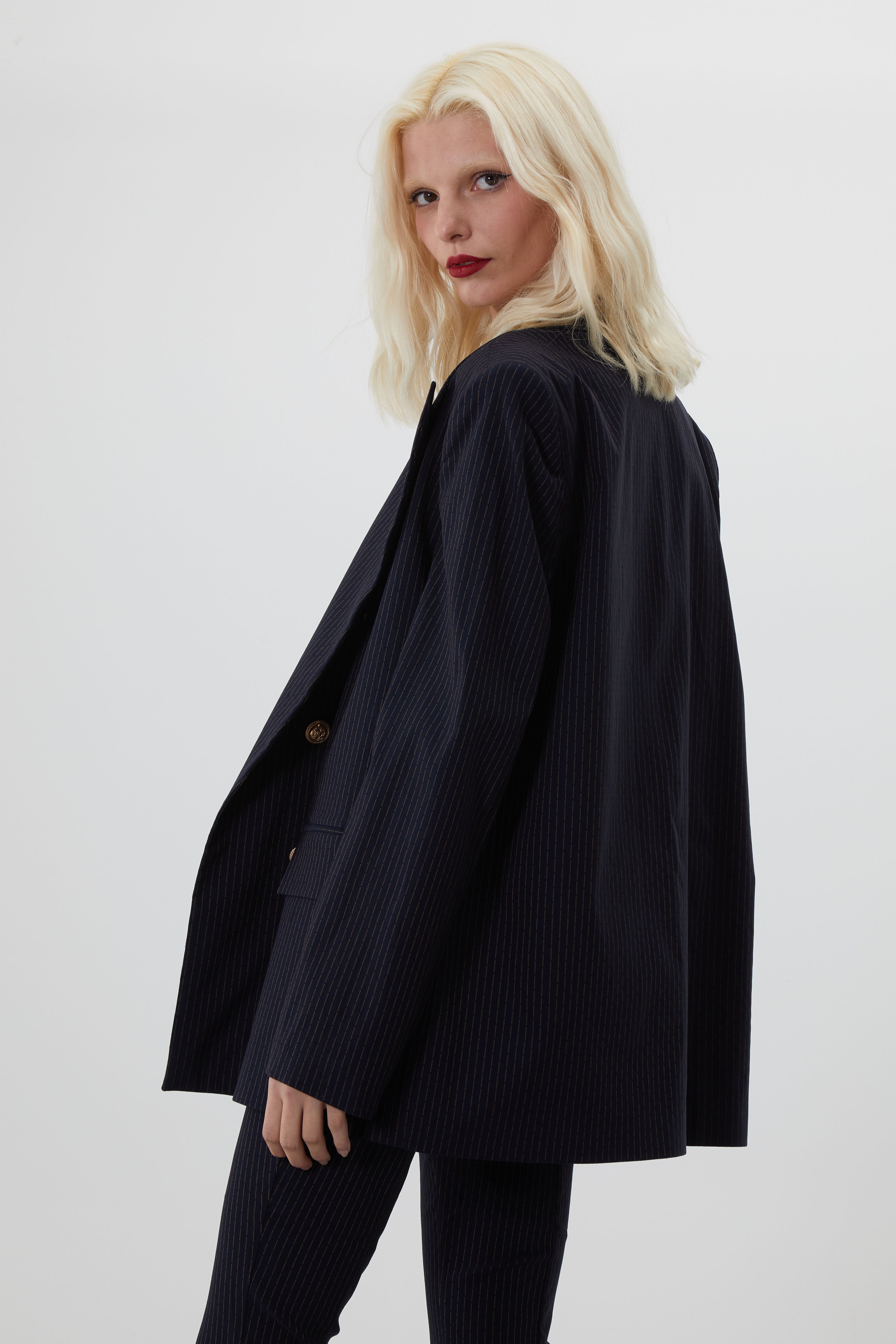 JACKIE EKTSRA OVERSIZED LACİVERT ÇİZGİLİ BLAZER CEKET