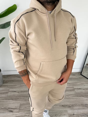 Kapüşonlu Kanguru Cepli Biyeli Alt Üst Takım - Bej