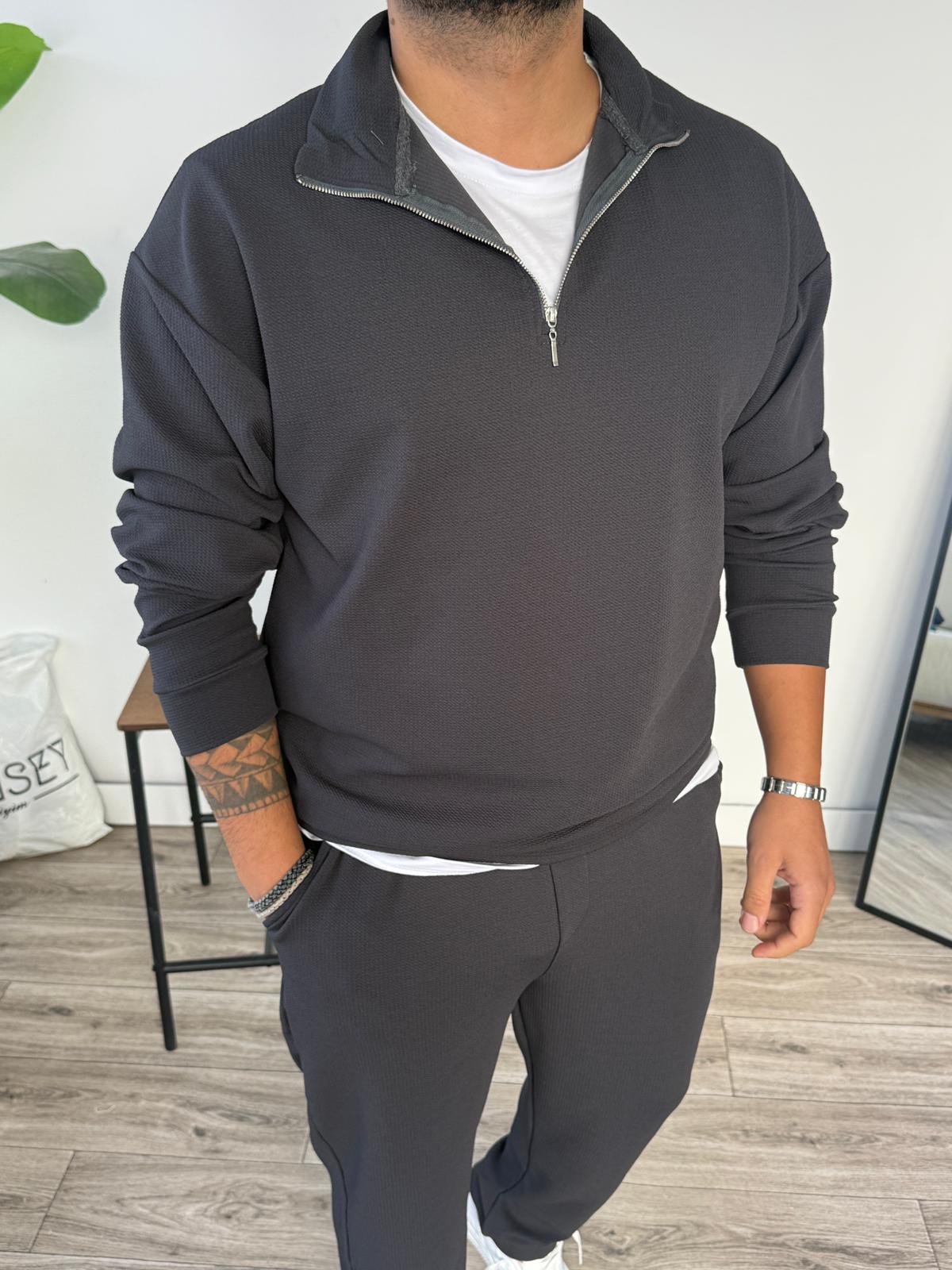 Petek Örme Alt Üst Yarım Fermuarlı Takım - Antrasit