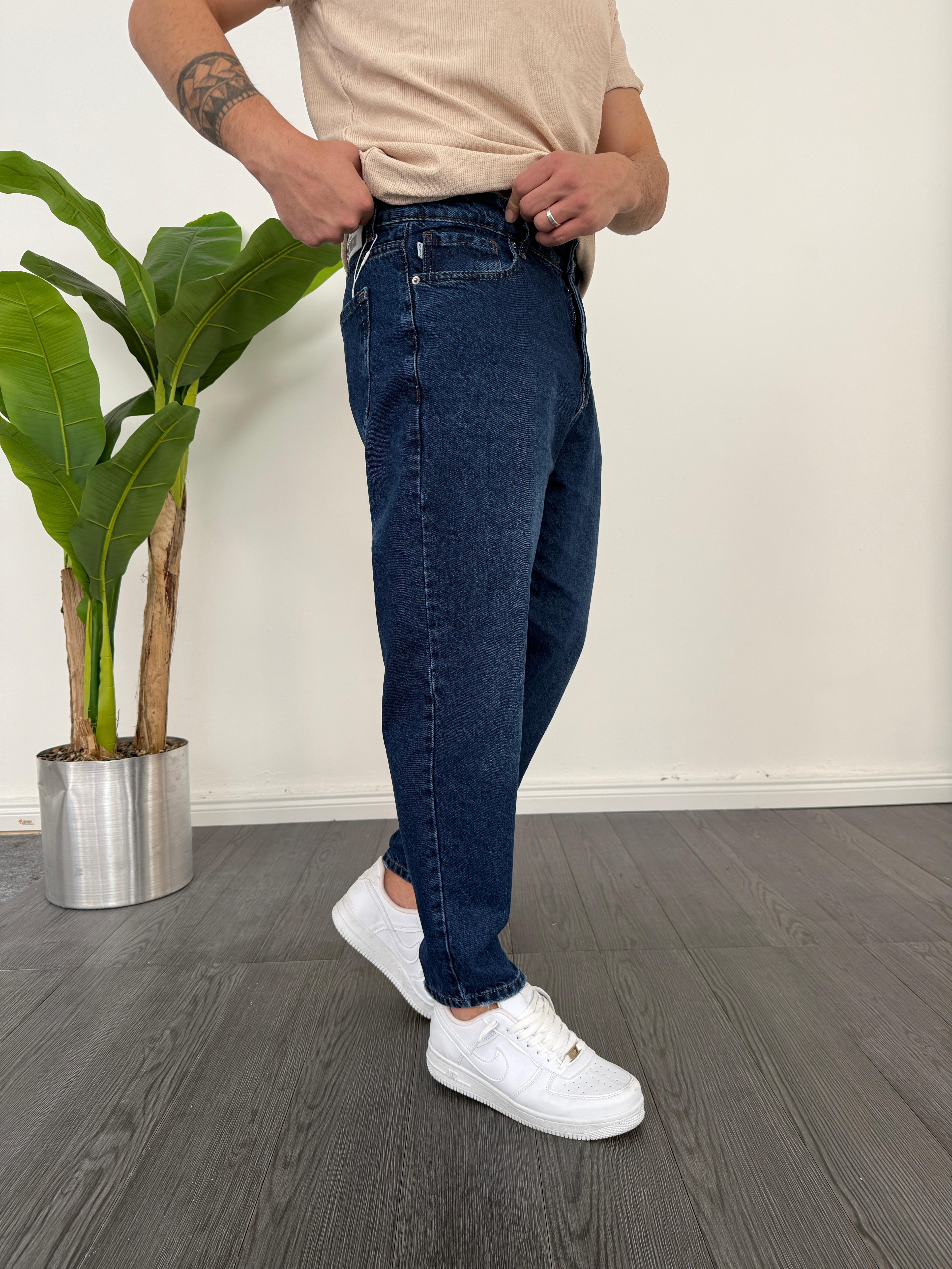 Yıkamalı Koyu Mavi Boyfriend Kot Pantolon