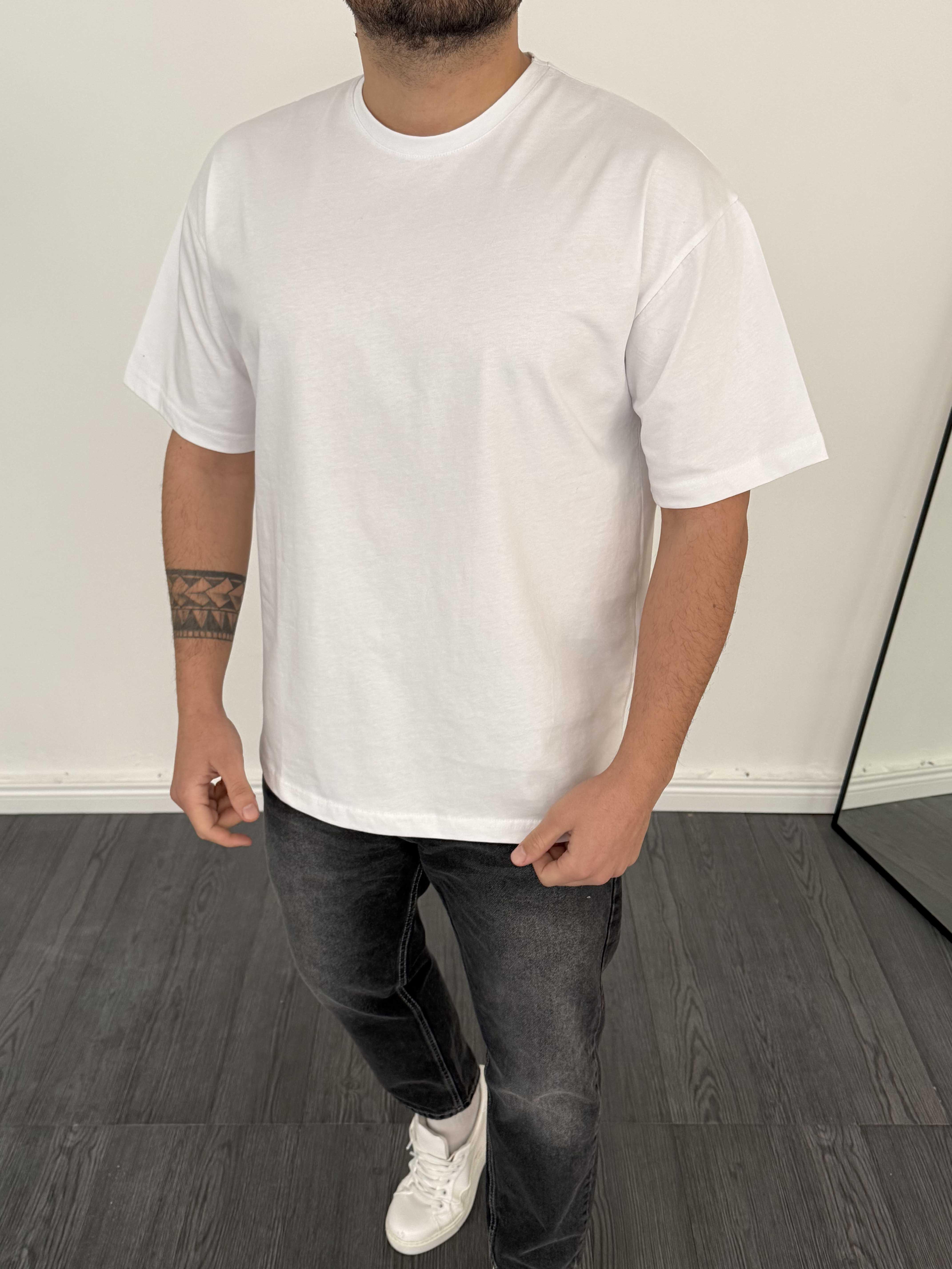 %100 Pamuk Basic Oversize T-Shirt Beyaz