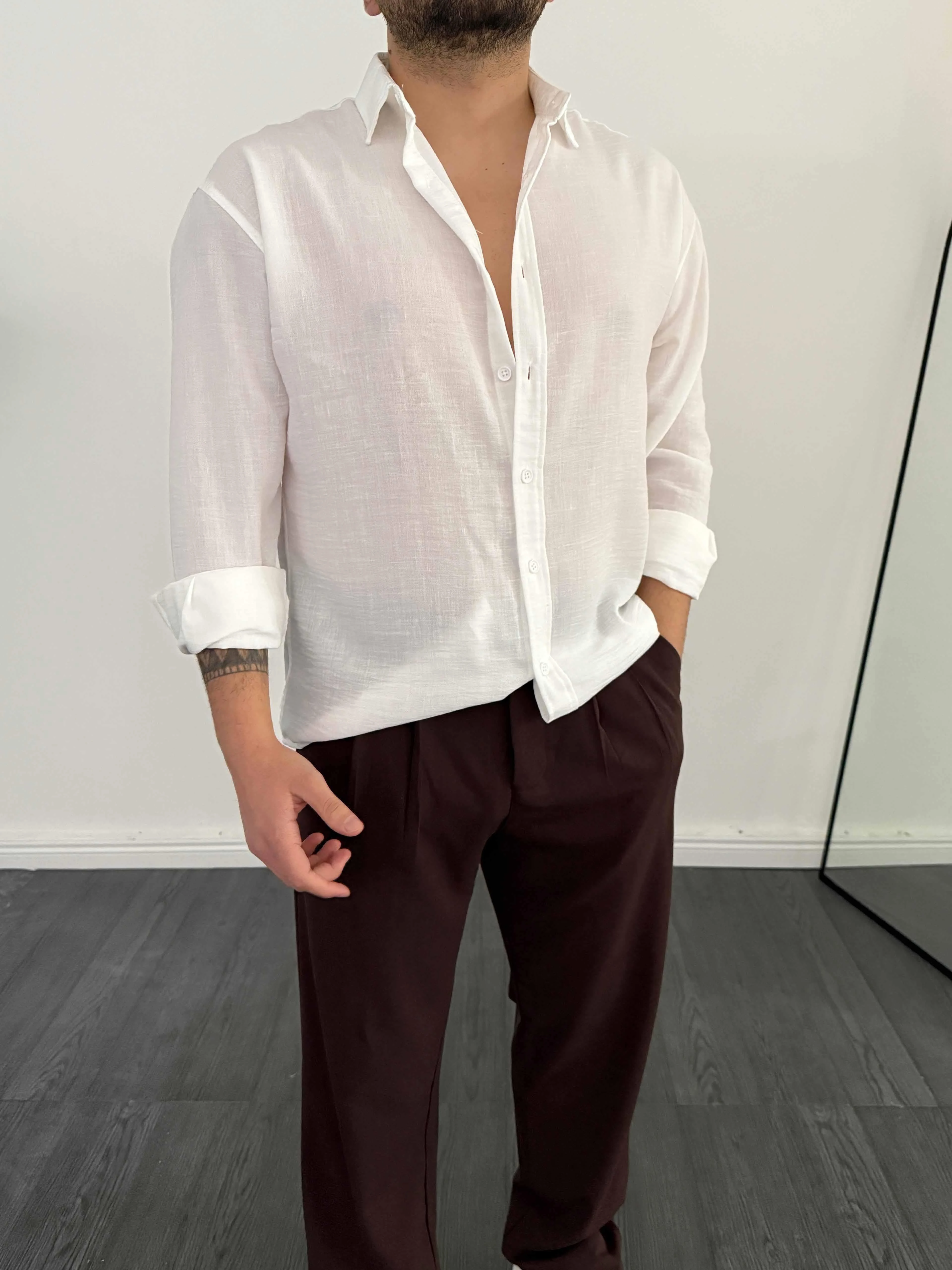 Tam Kalıp Keten Gömlek Beyaz