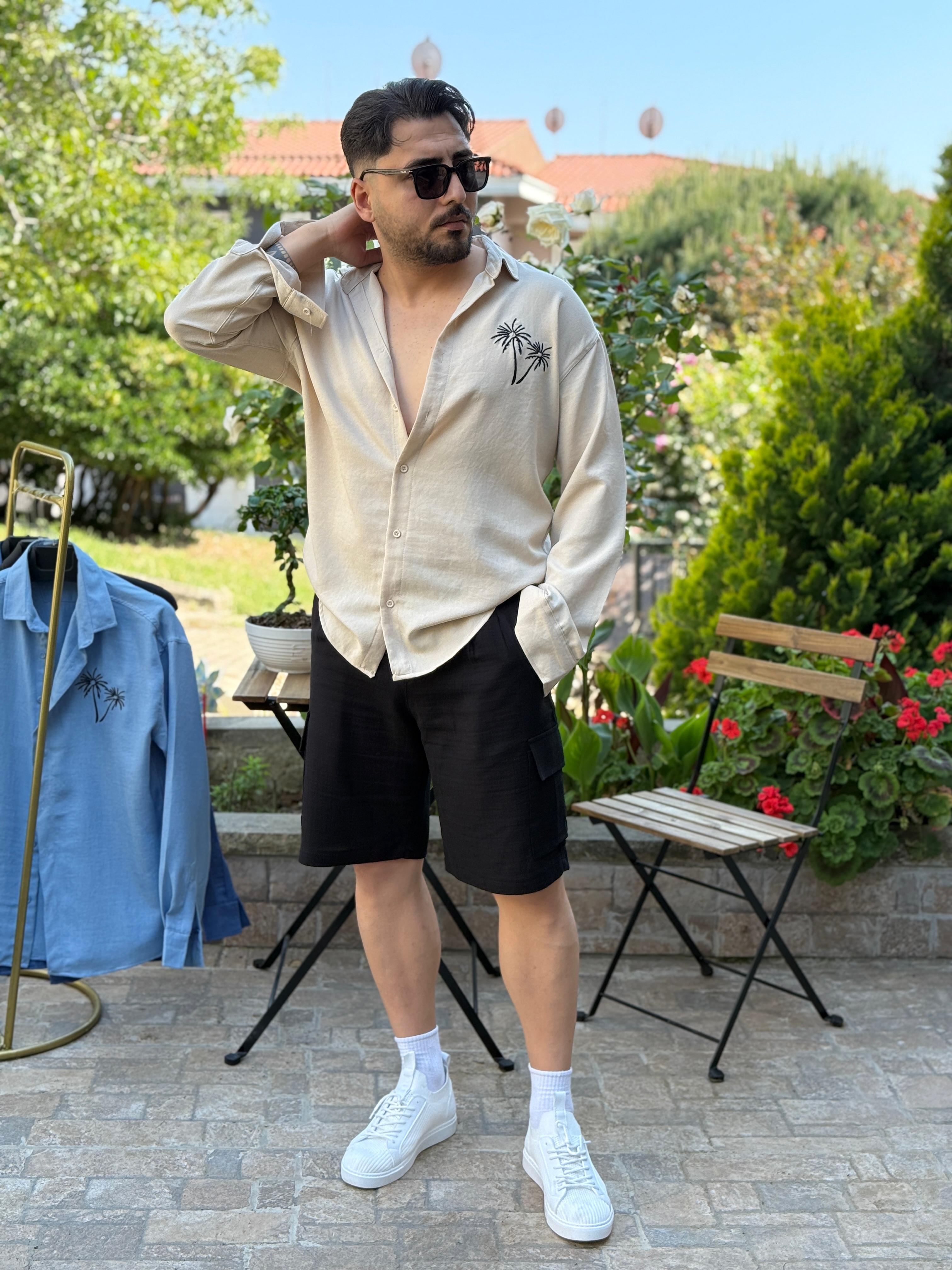 Oversize Palmiye Ağaç Nakışlı Gömlek Bej