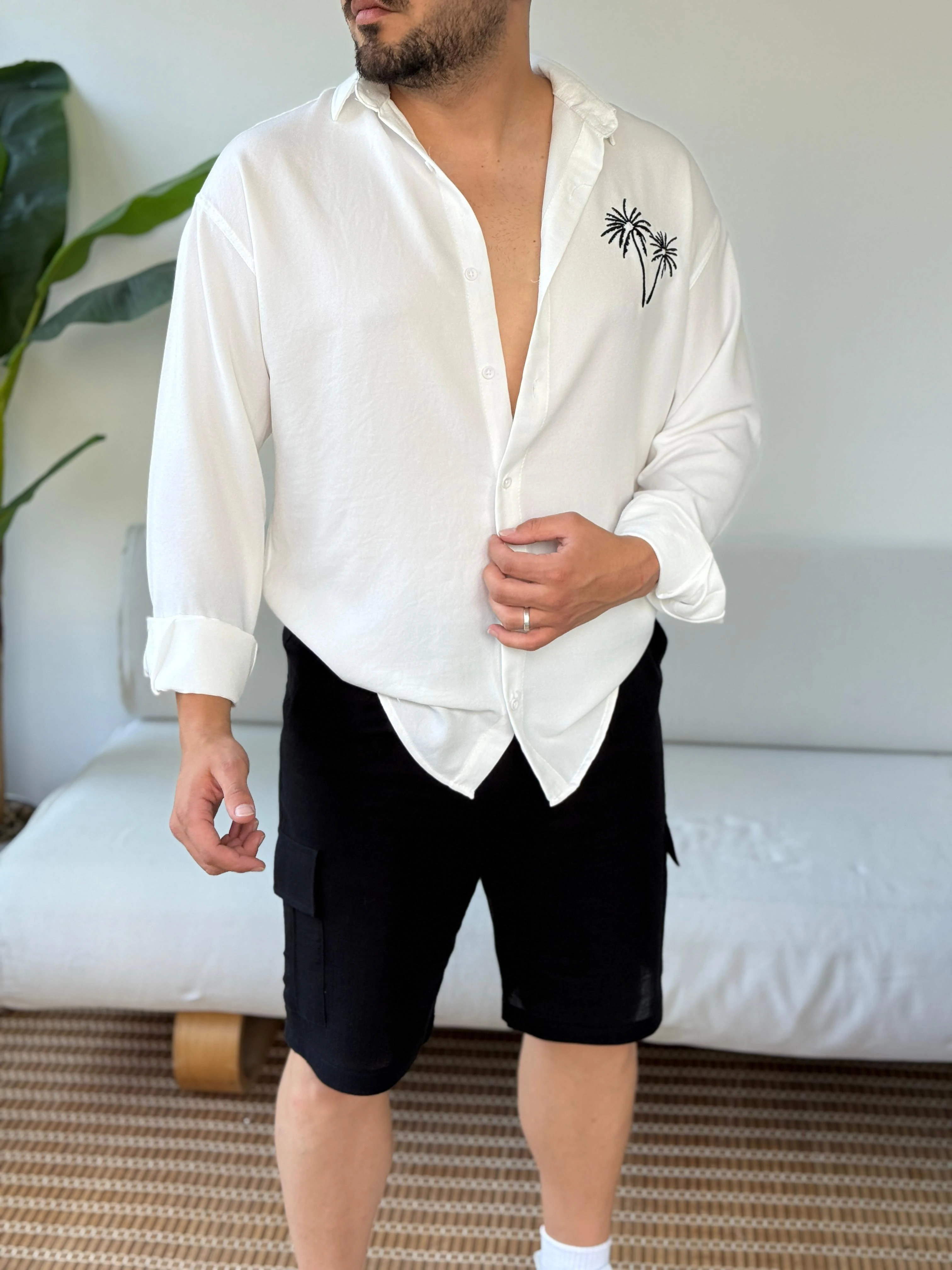 Oversize Palmiye Ağaç Nakışlı Gömlek Beyaz