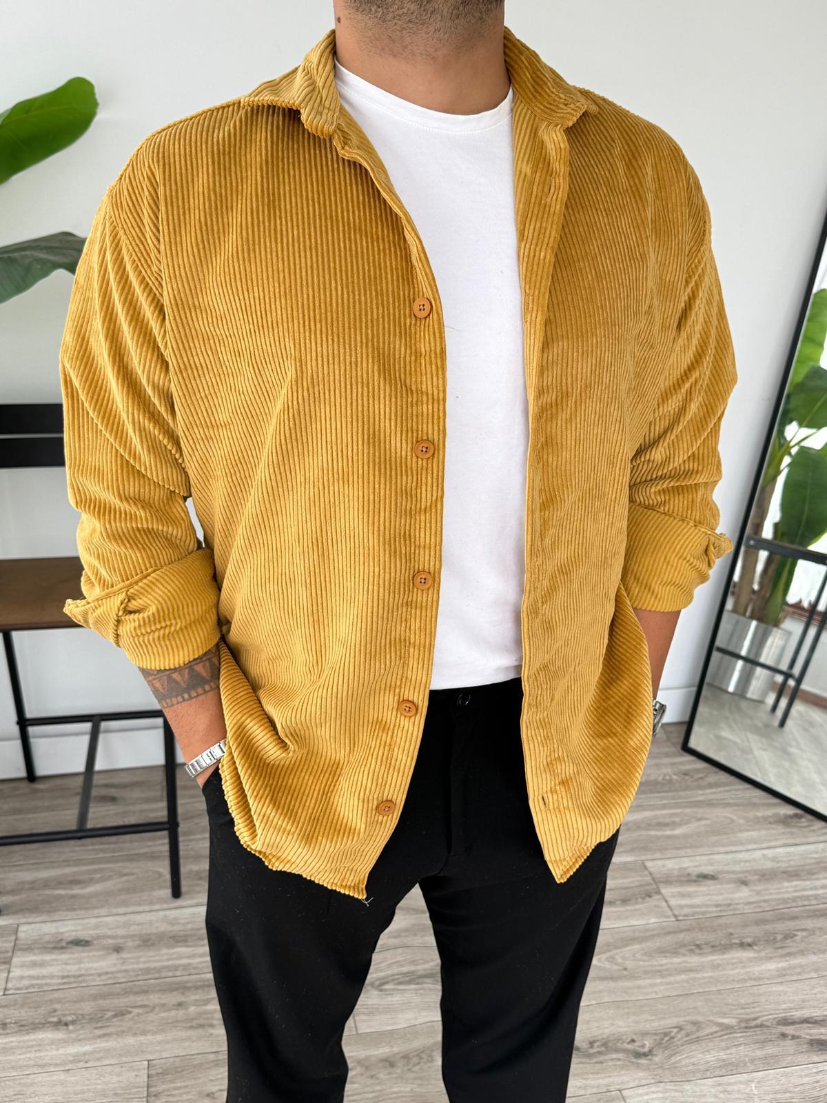 Tam Kalıp Kadife Gömlek  - Sarı