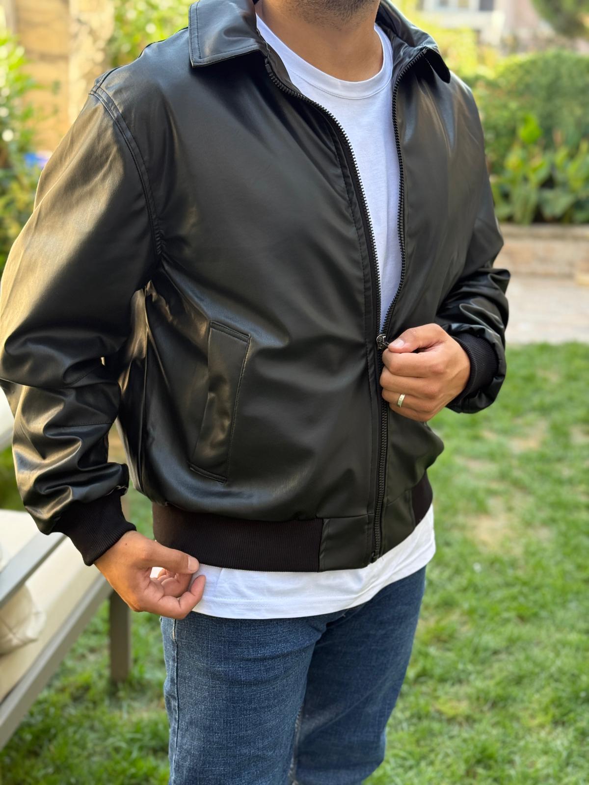 Yakalı Ribanalı Deri Ceket