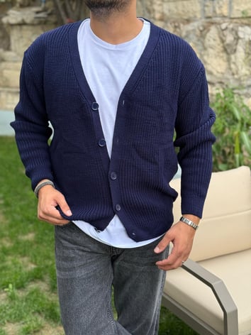 Düğme Kapamalı Triko Hırka - Lacivert