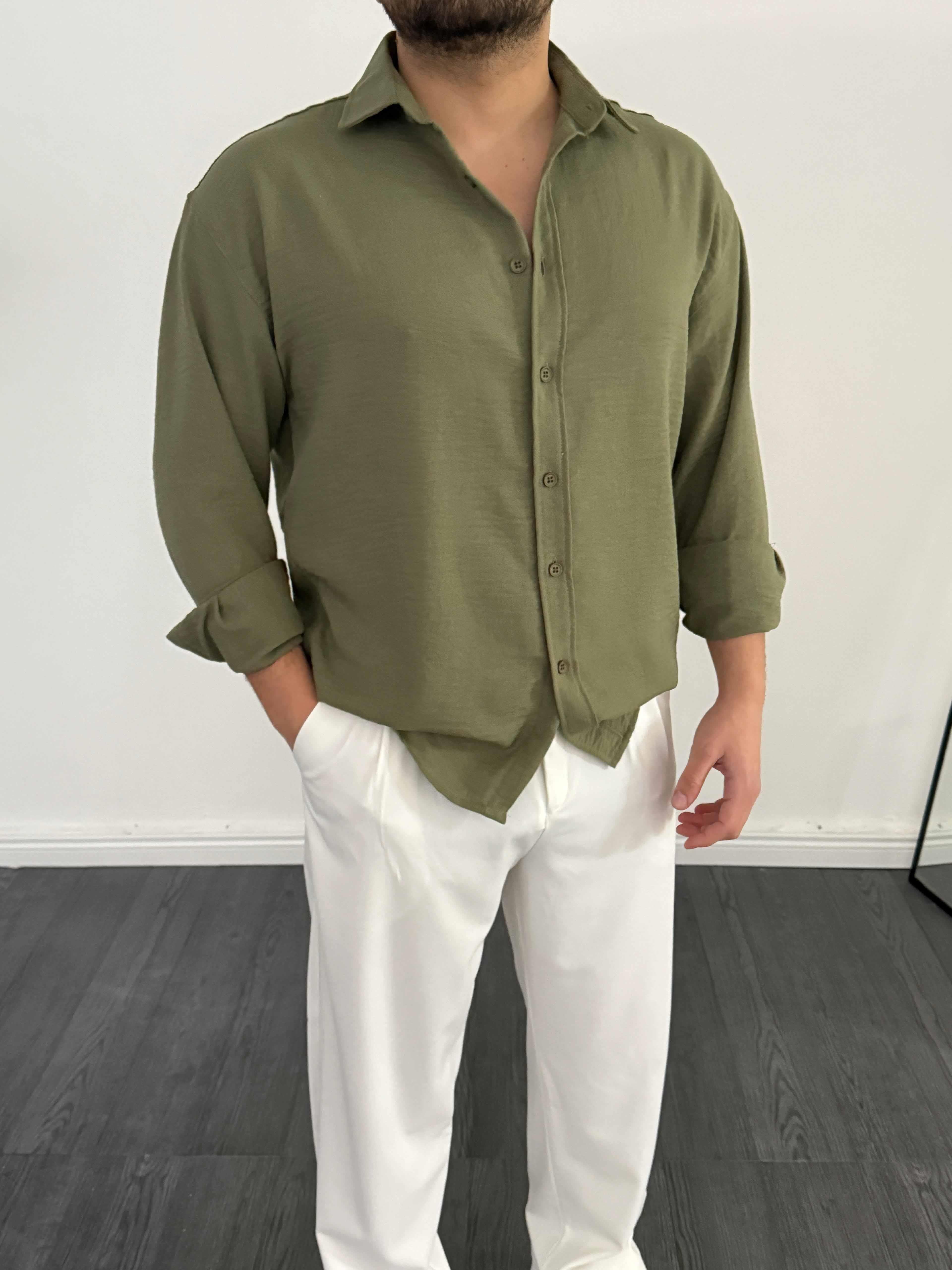 Tam Kalıp Keten Gömlek Haki