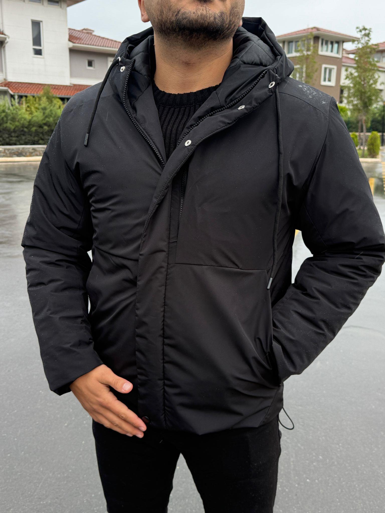 Klasik Kapüşonlu Su Geçirmez Mont  - Siyah