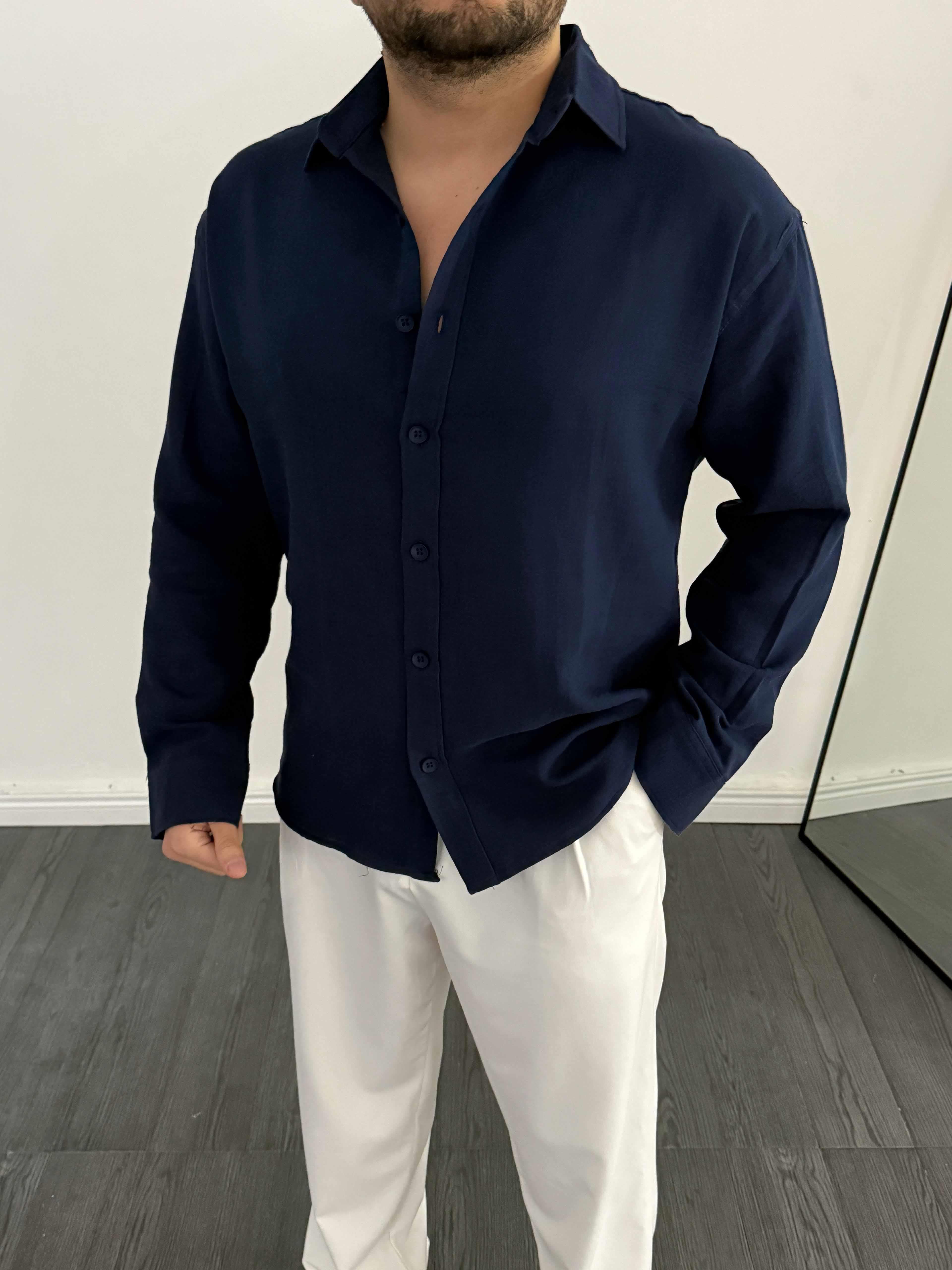 Tam Kalıp Keten Gömlek Lacivert