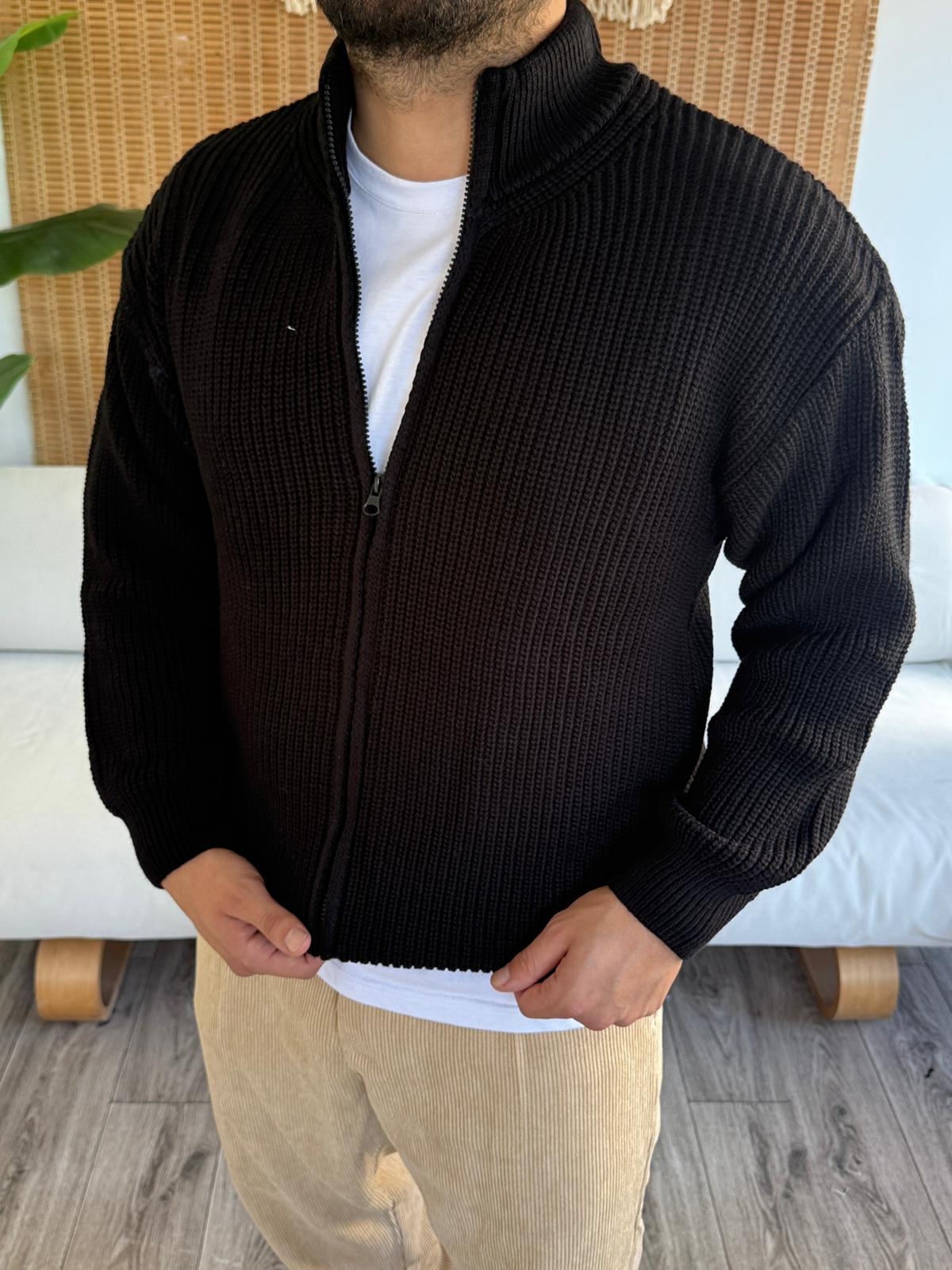 Tam Fermuar Kapamalı Triko Hırka - Siyah