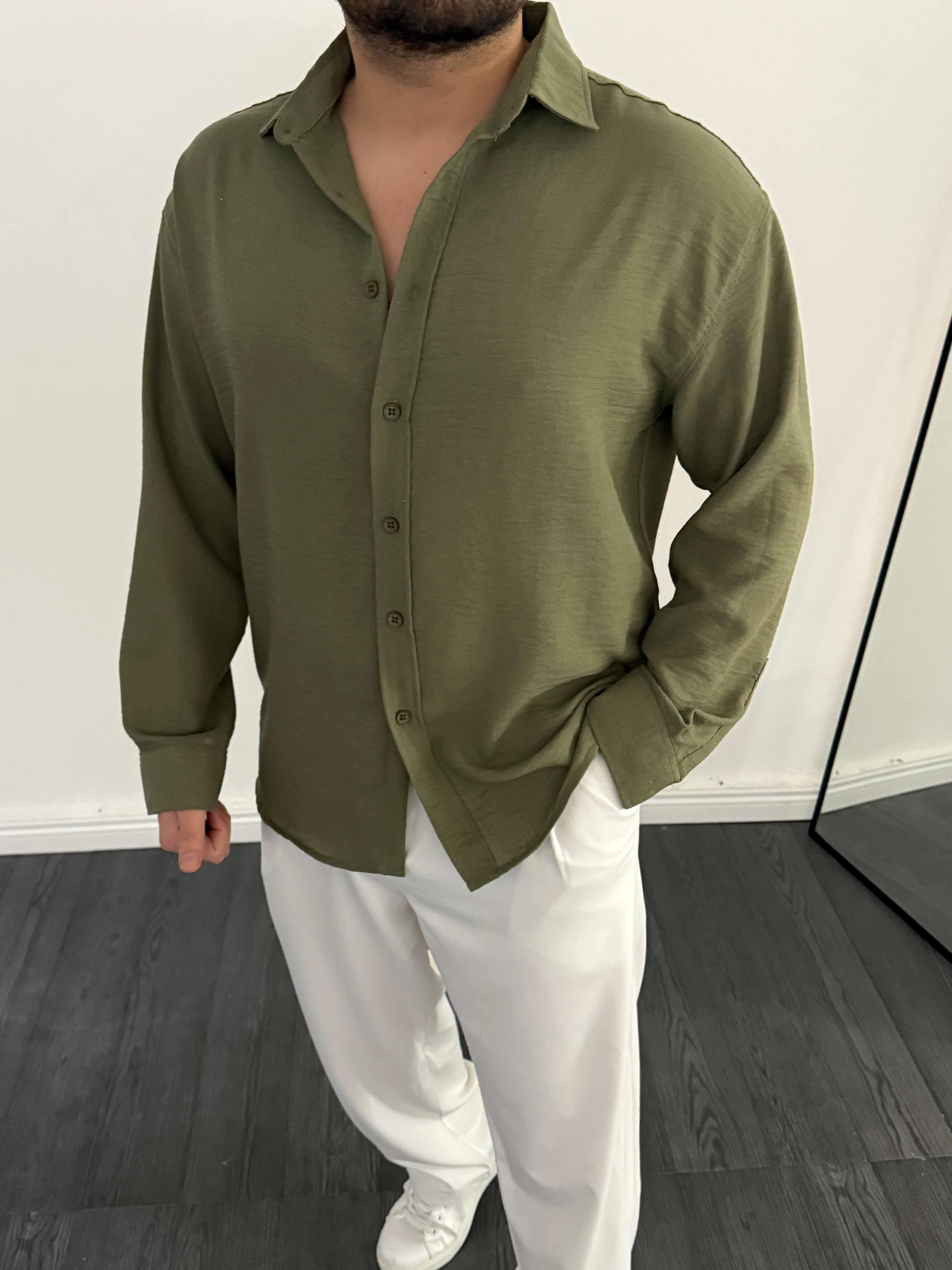 Tam Kalıp Keten Gömlek Haki