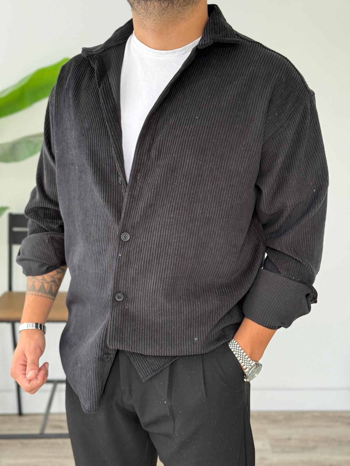 Tam Kalıp Kadife Gömlek  - Siyah