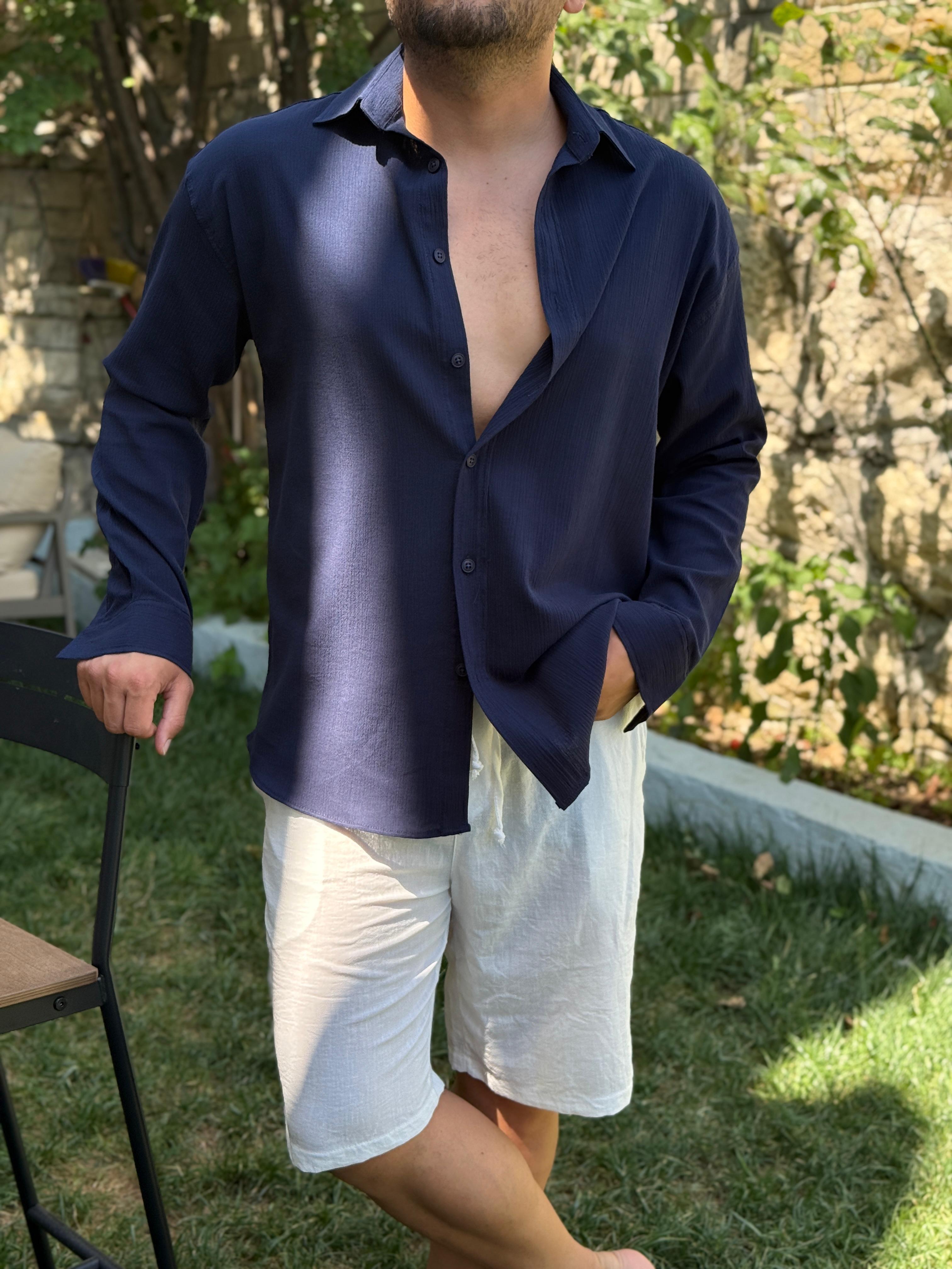 Kırinkıl Sırt Pile Detaylı Pamuklu Gömlek Lacivert