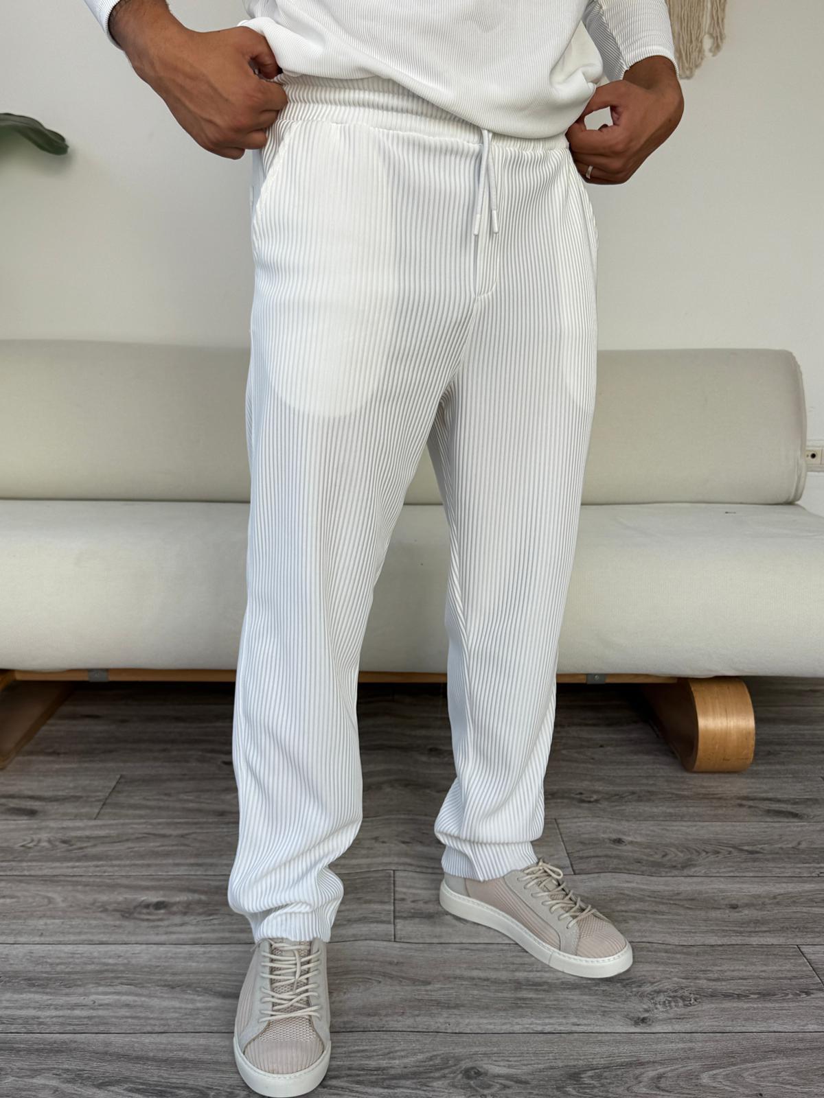 Fitilli Alt Jogger Eşofman  - Beyaz