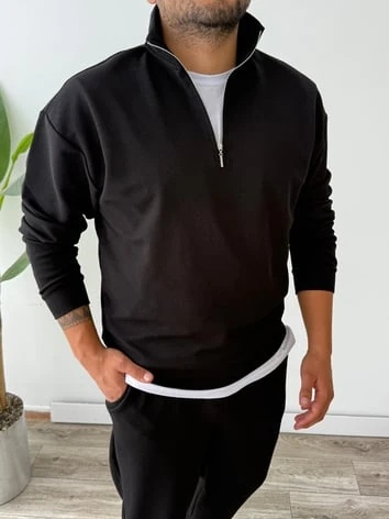 Petek Örme Alt Üst Yarım Fermuarlı Takım - Siyah