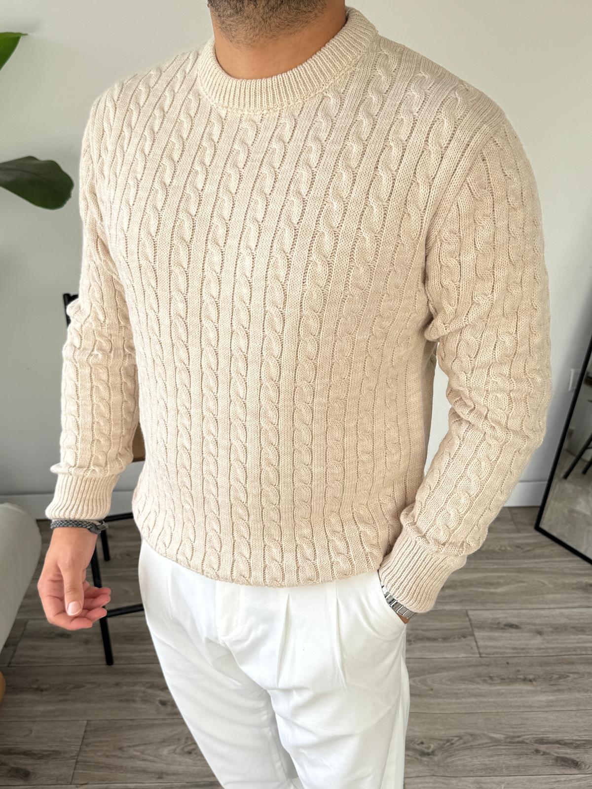 Saç Örgü Bisiklet Yaka Triko Kazak  - Bej