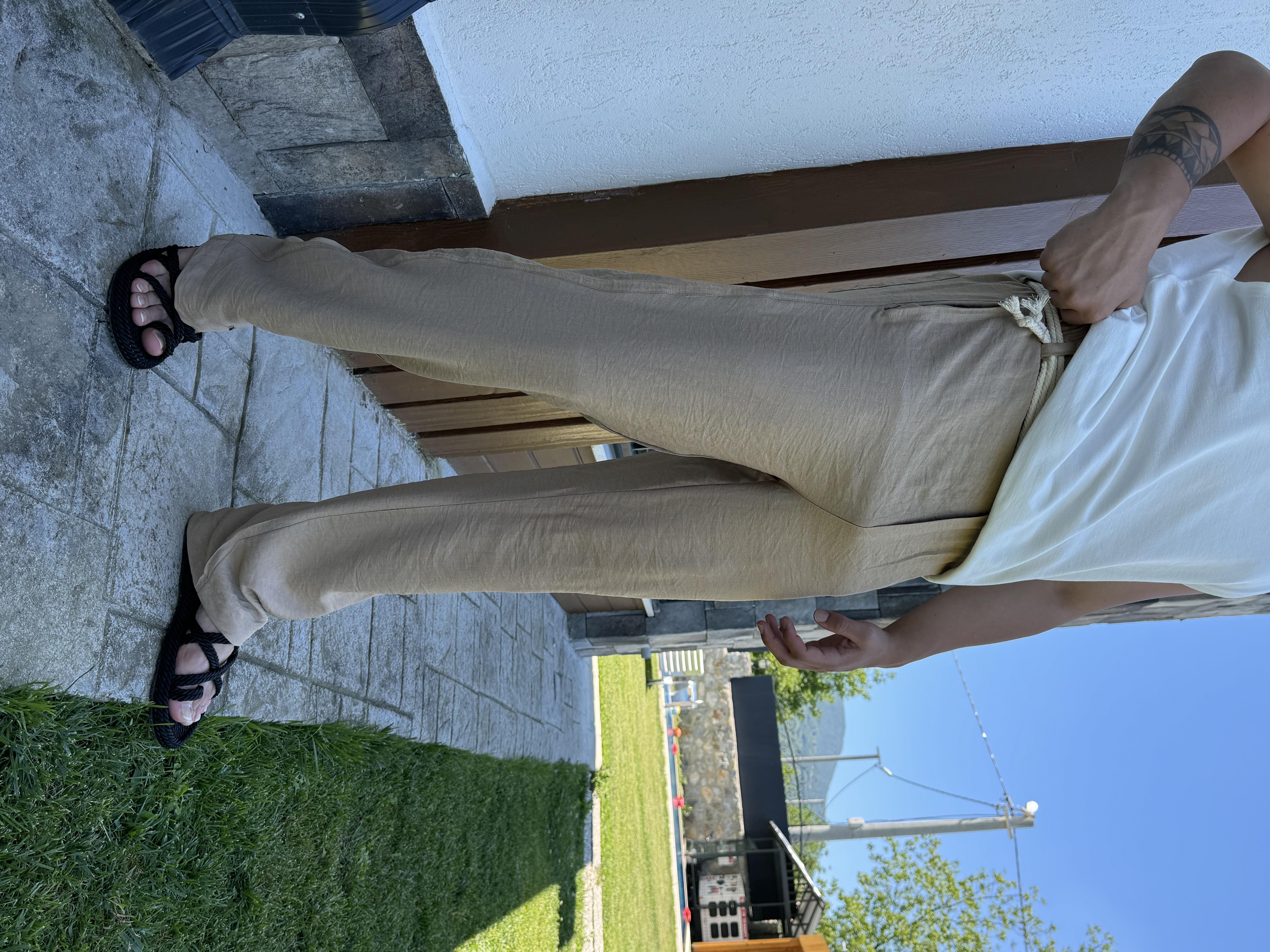 Halatlı Baggy Keten Pantolon Krem