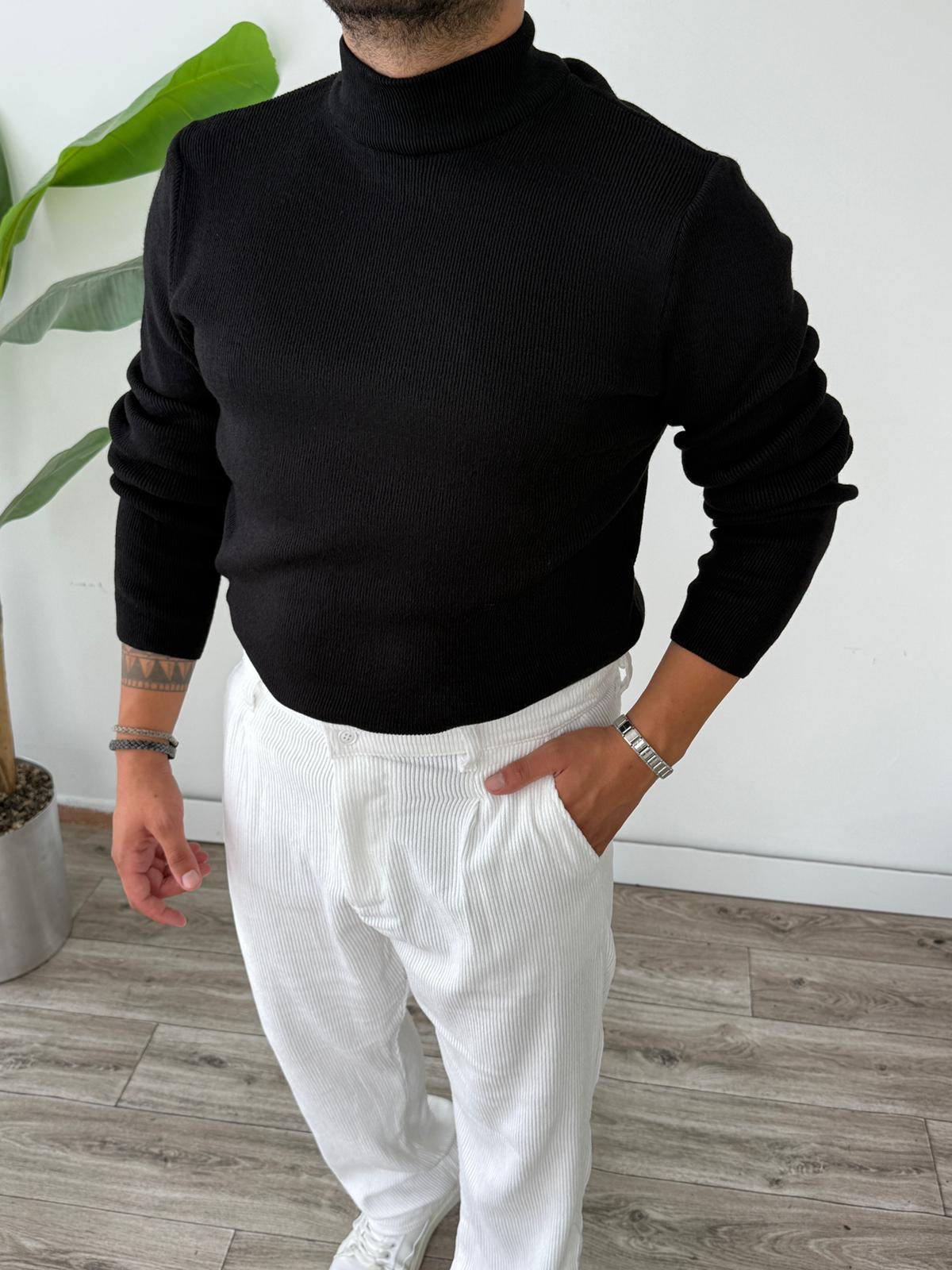 Yarım Balıkçı Örme Triko Kazak  - Siyah