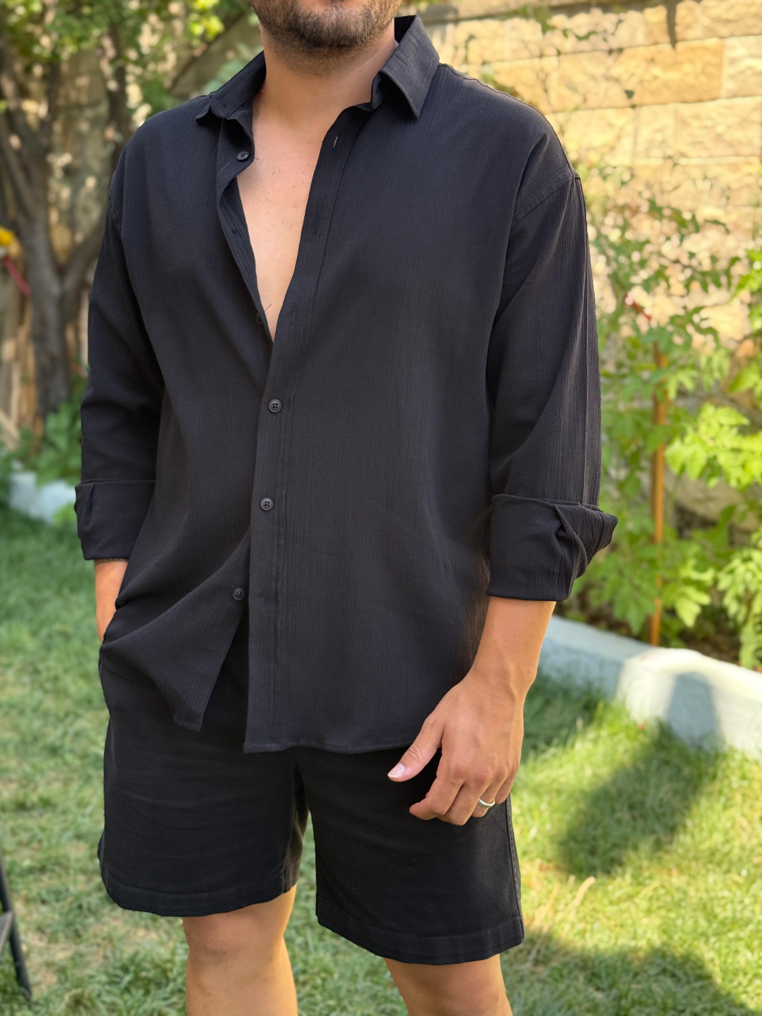 Kırinkıl Sırt Pile Detaylı Pamuklu Gömlek Siyah