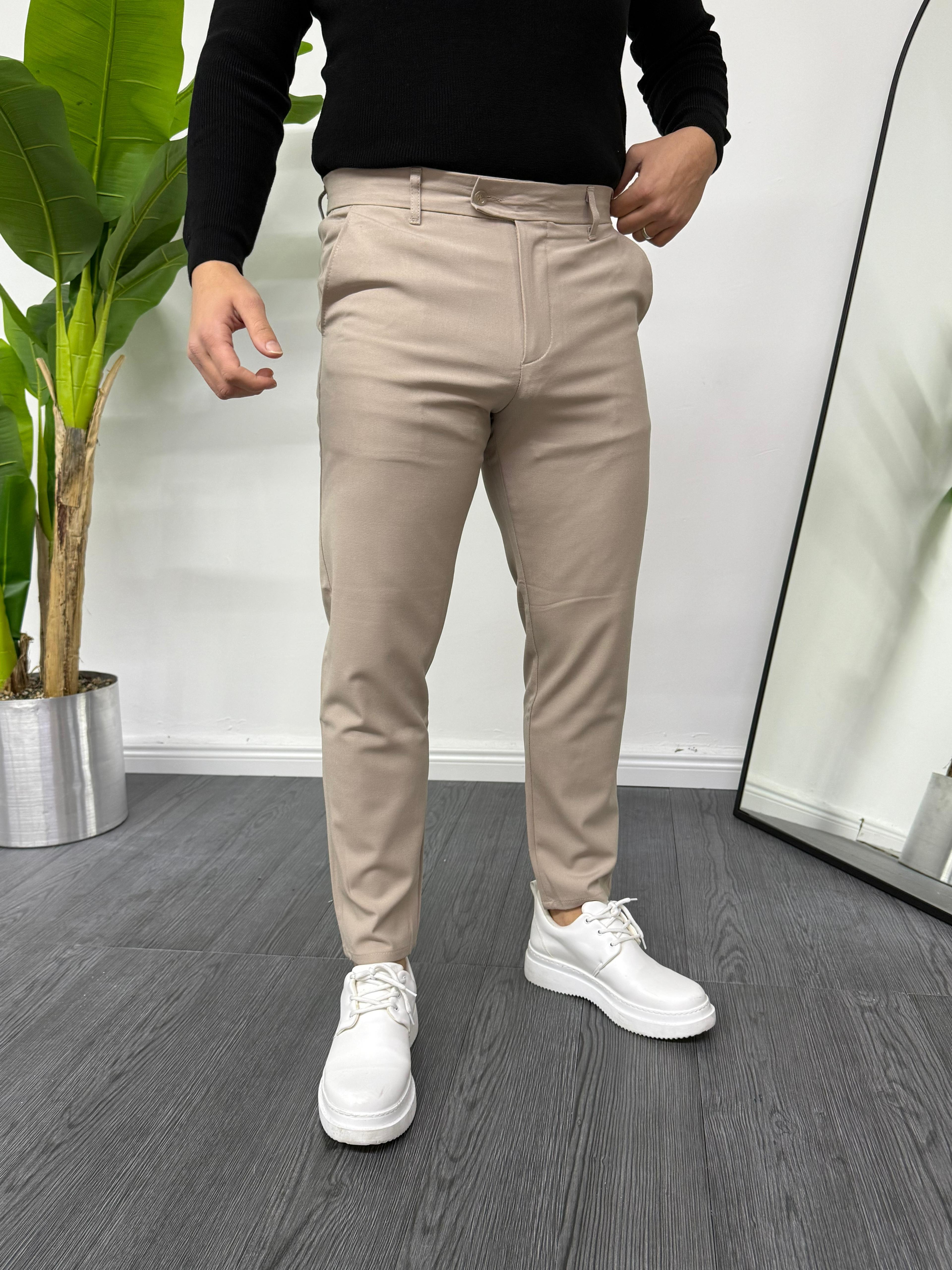 Likralı Slim Fit Dilli Kapama Kumaş Pantolon Bej