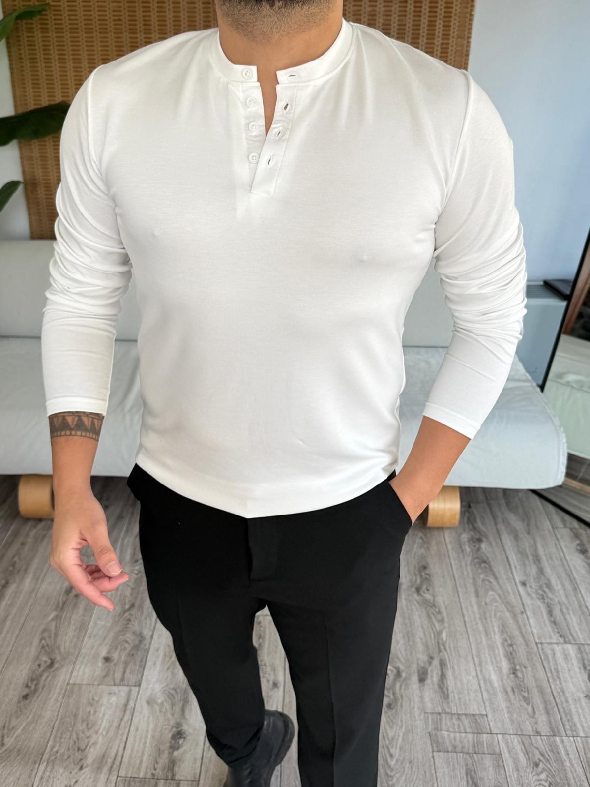 Modal Kumaş Premium Düğmeli Sweatshirt - Beyaz