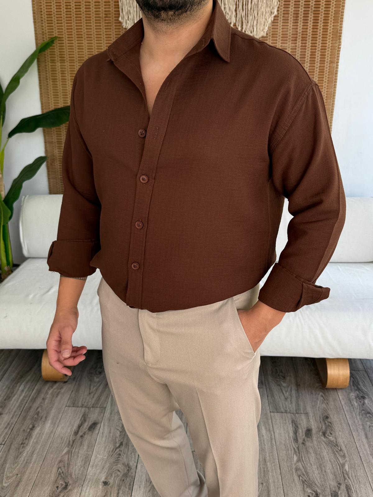 Regular Kalıp Müslin Kumaş %100 Pamuklu Gömlek - Acı Kahve