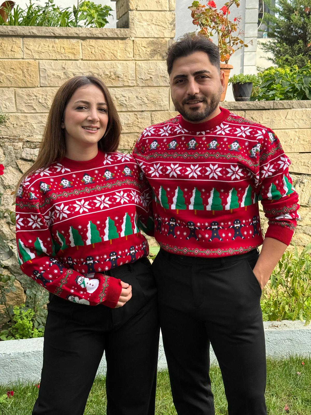 Yılbaşı temalı bisiklet yaka triko kazak - Kırmızı