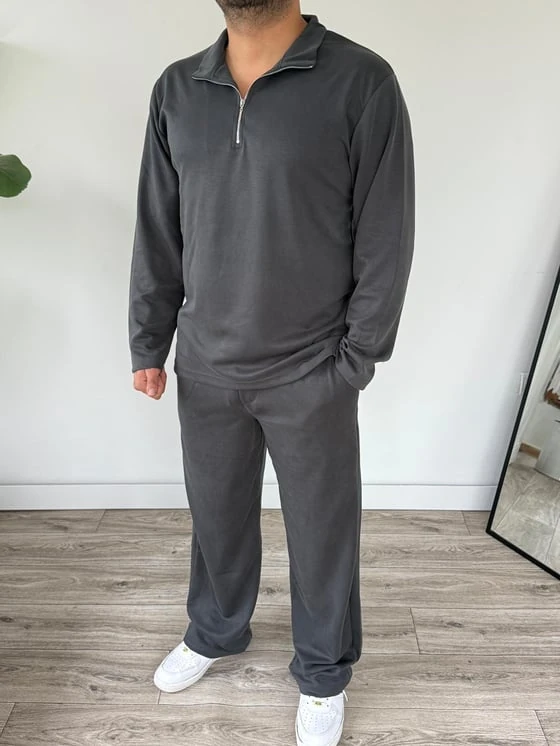 Oysho Kumaş Alt Üst Takım Alt Baggy Üst Yarım Fermuarlı Sweat - Haki Yeşili