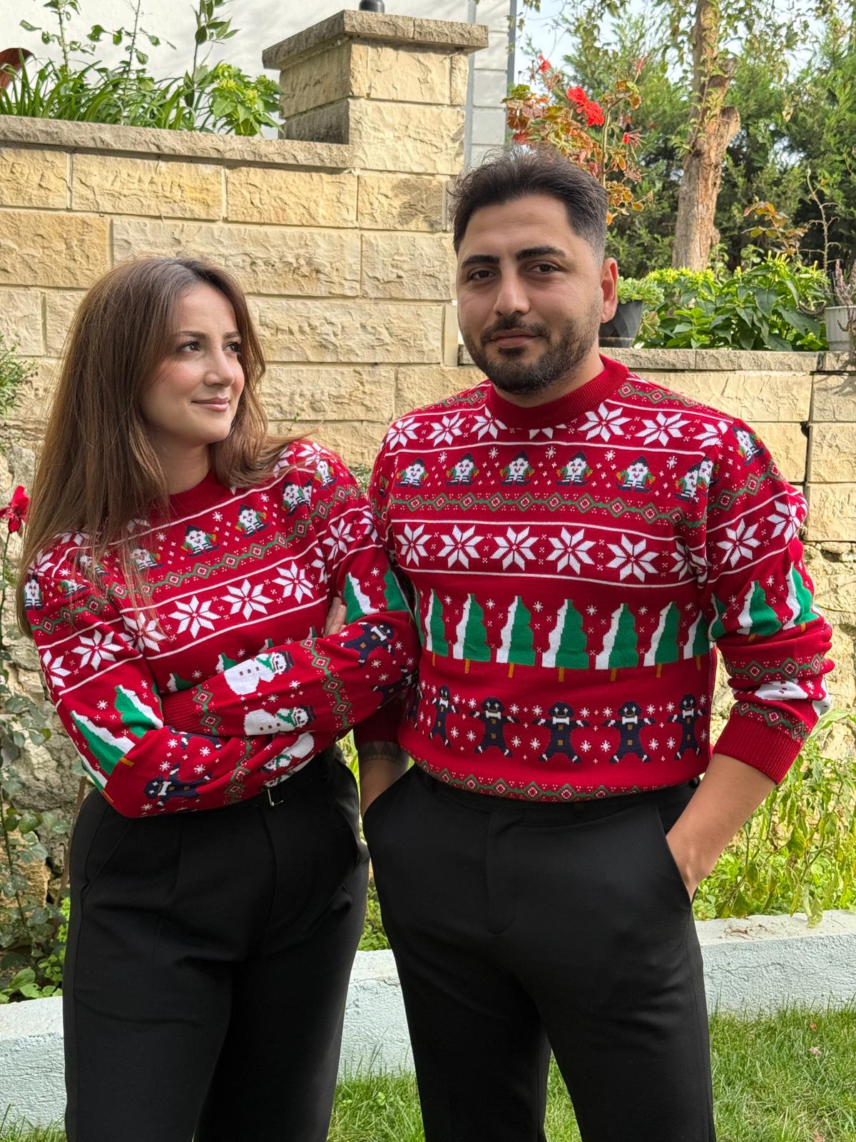 Yılbaşı temalı bisiklet yaka triko kazak - Kırmızı