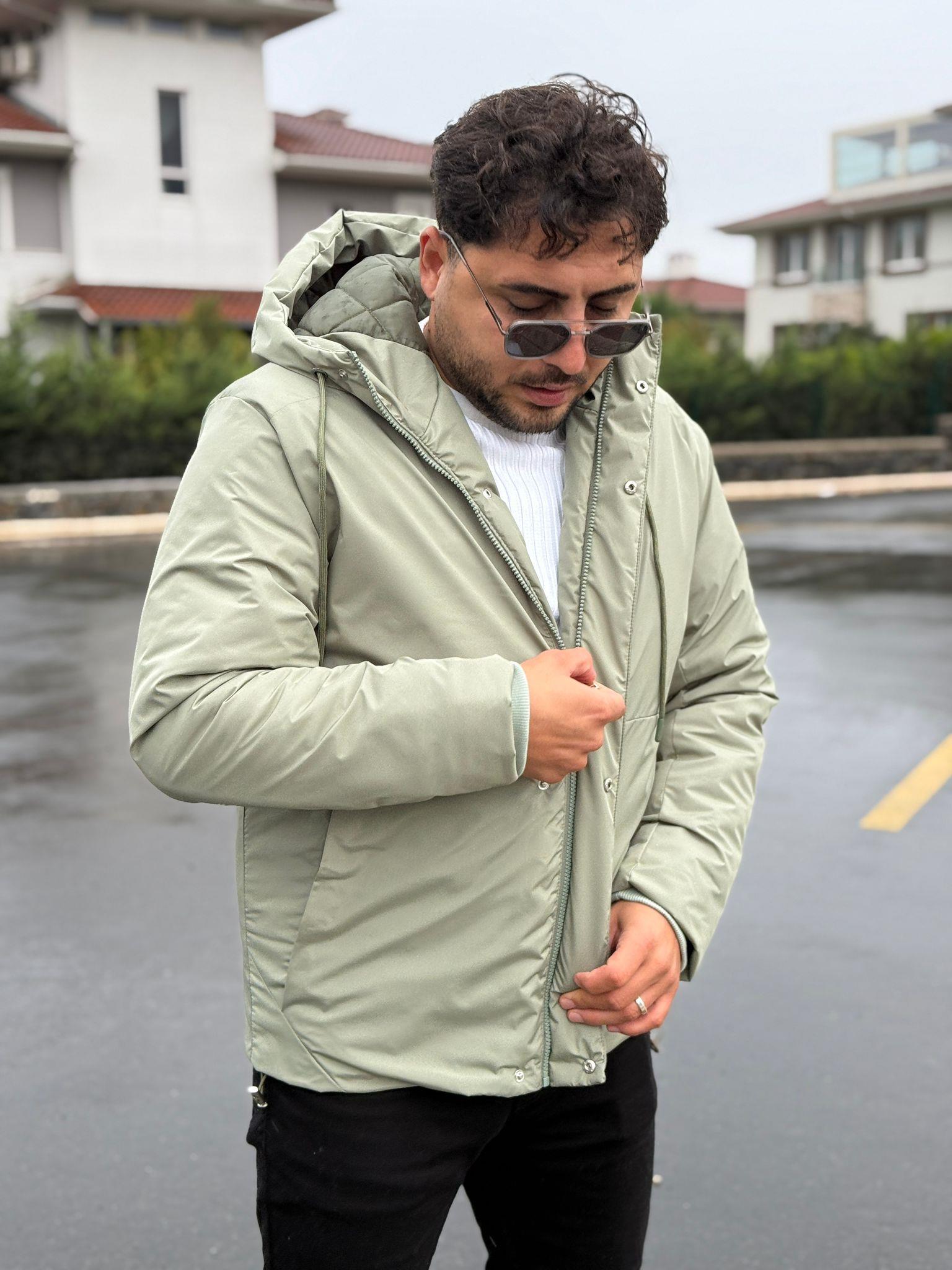 Klasik Kapüşonlu Su Geçirmez Mont  - Mint Yeşili