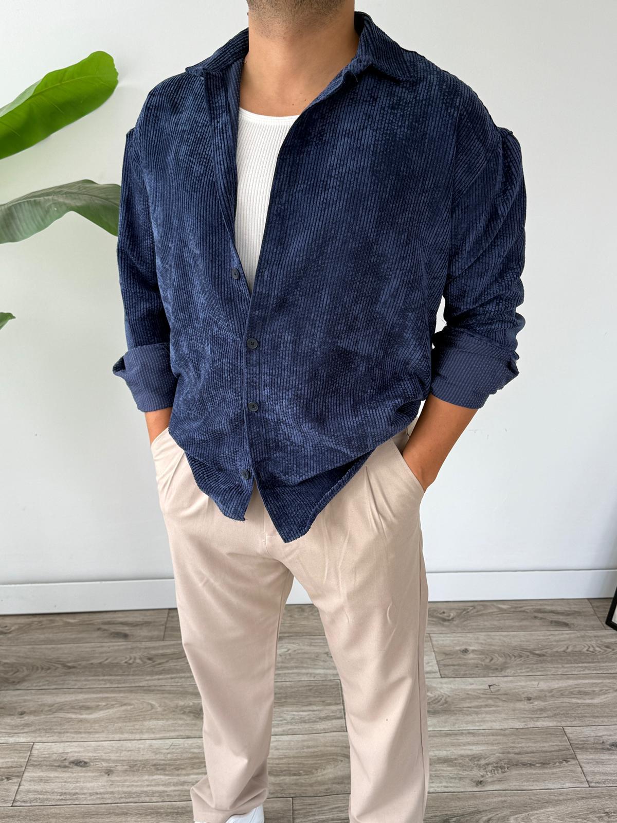 Oversize Kadife Gömlek  - Lacivert