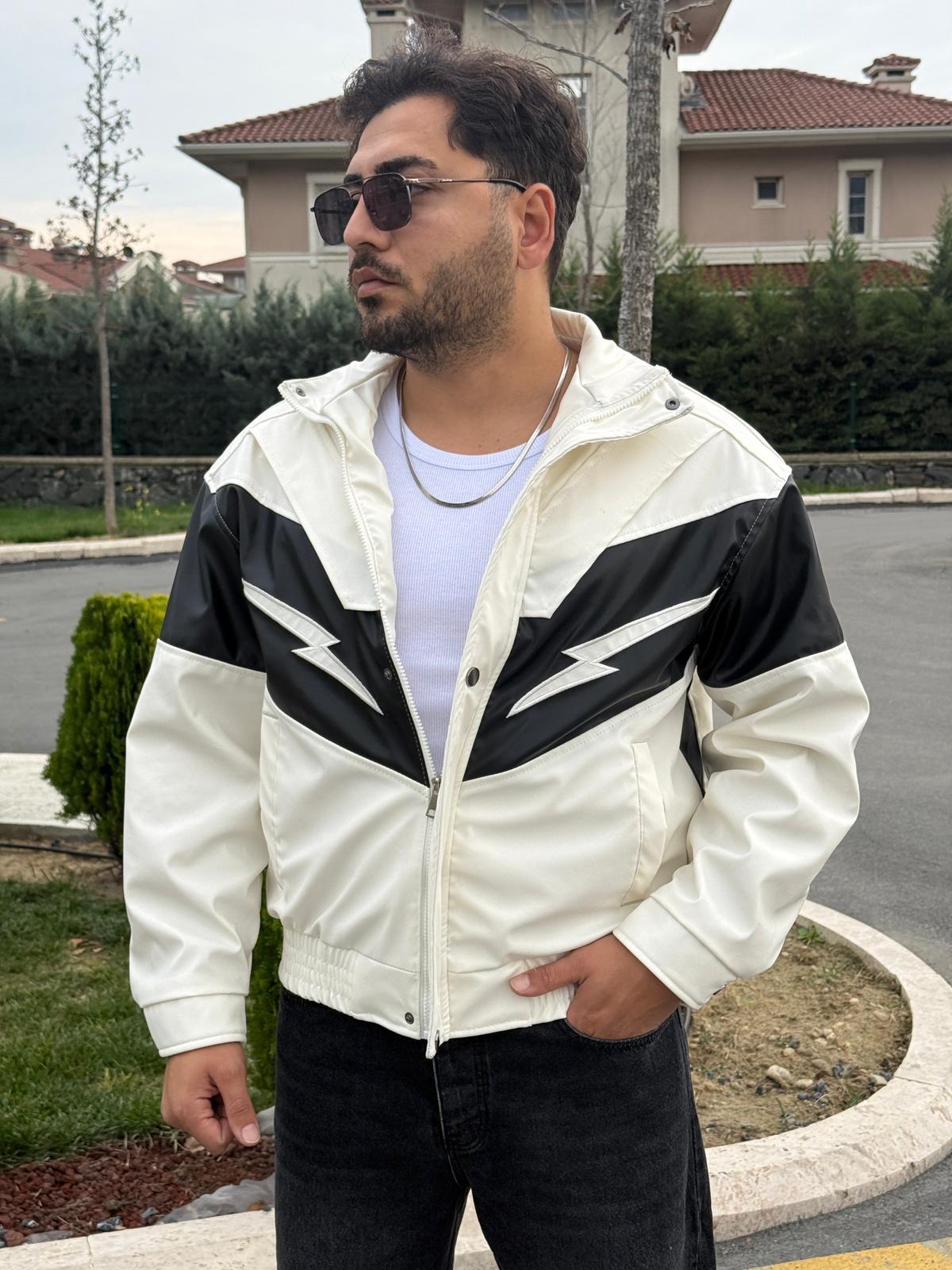 Şimşek Nakışlı Detaylı Deri Ceket  - Ekru