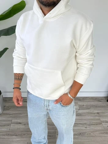 Kapüşonlu Kanguru Cepli Sweat - Beyaz