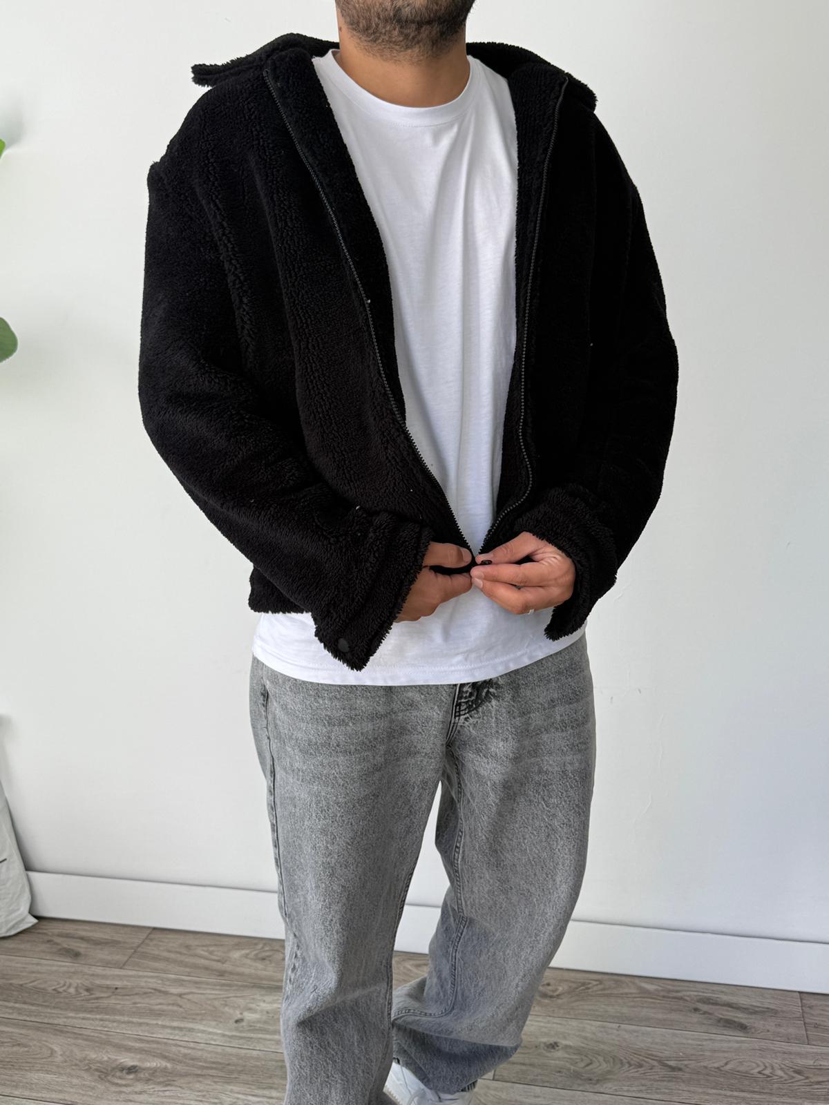 Peluş İçi Astarlı Ceket - Siyah