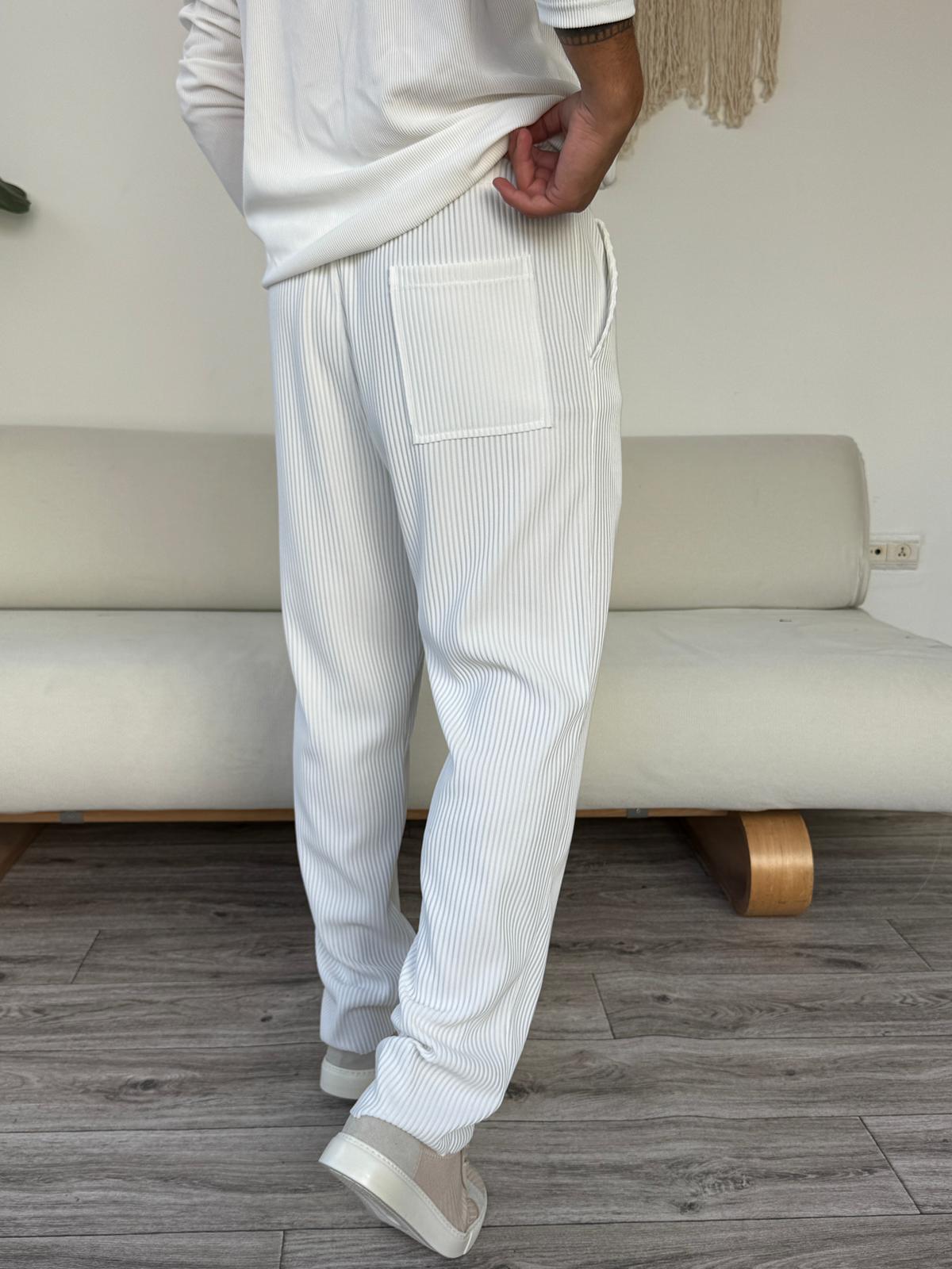 Fitilli Alt Jogger Eşofman  - Beyaz