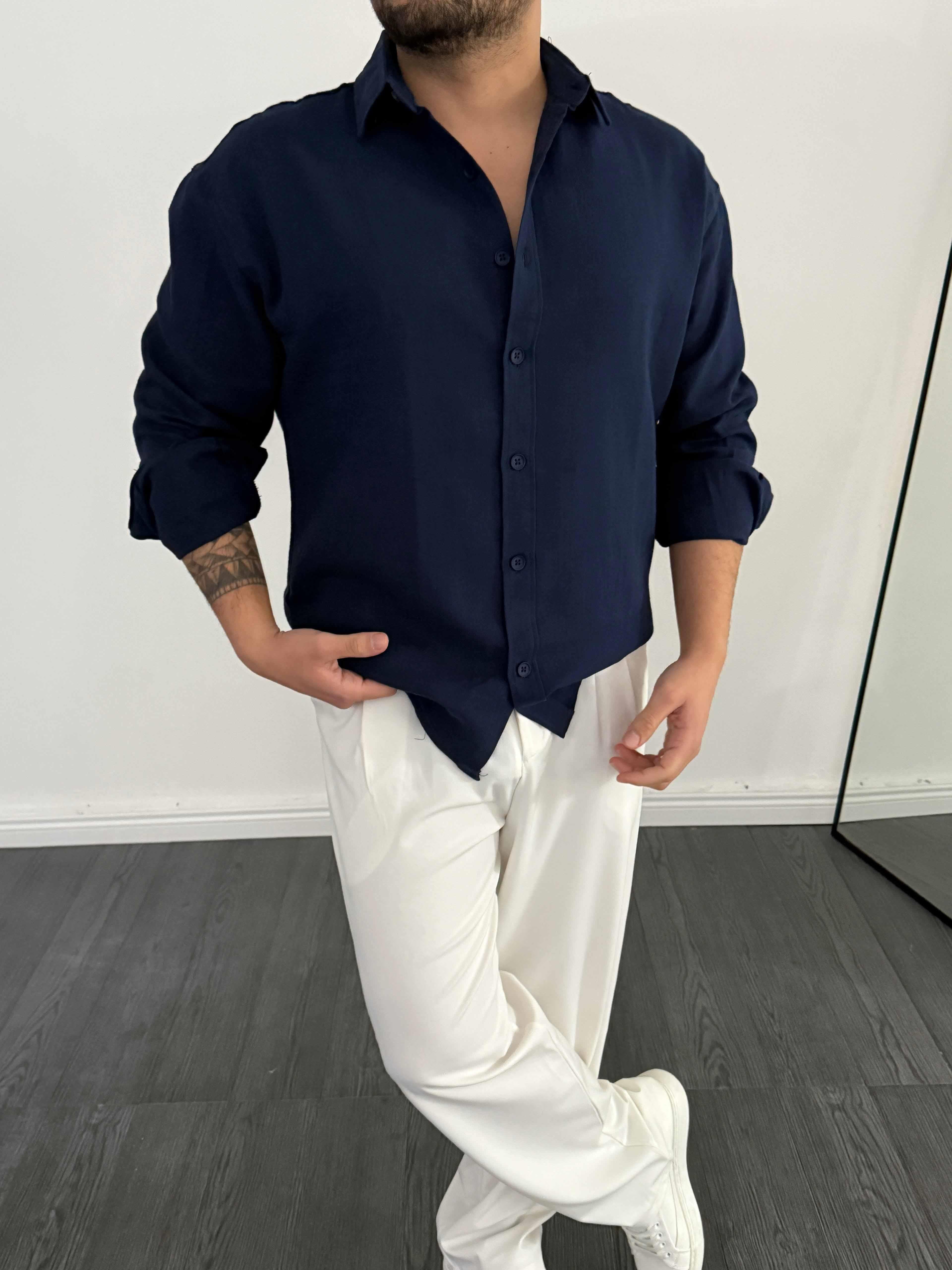 Tam Kalıp Keten Gömlek Lacivert
