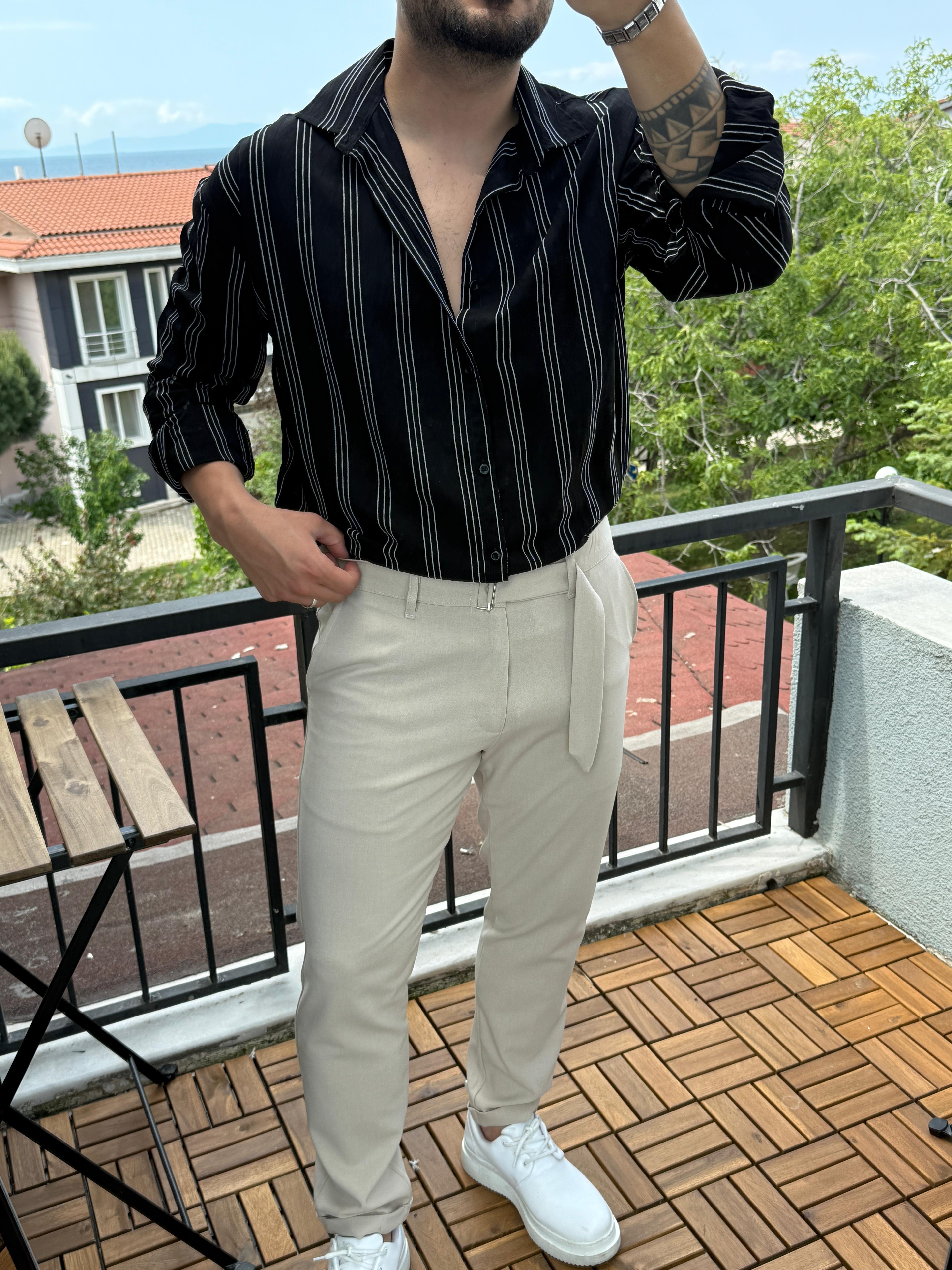 Tensel Kırinkıl 3 Çizgili Oversize Gömlek Siyah