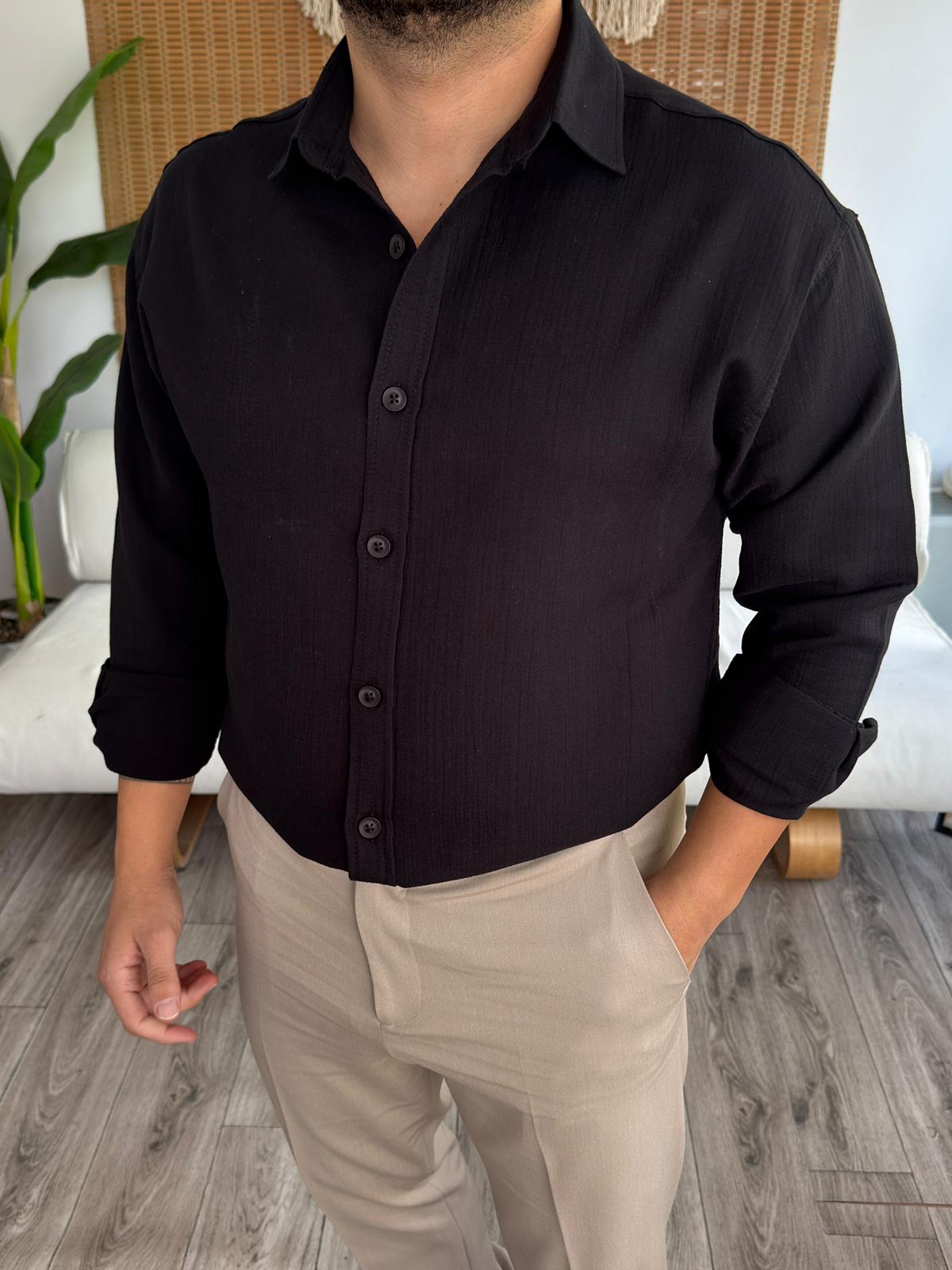 Regular Kalıp Müslin Kumaş %100 Pamuklu Gömlek - Siyah