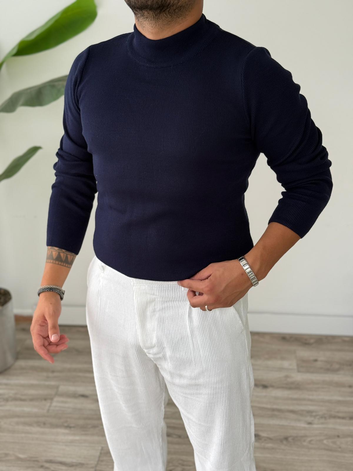 Yarım Balıkçı Örme Triko Kazak  - Lacivert