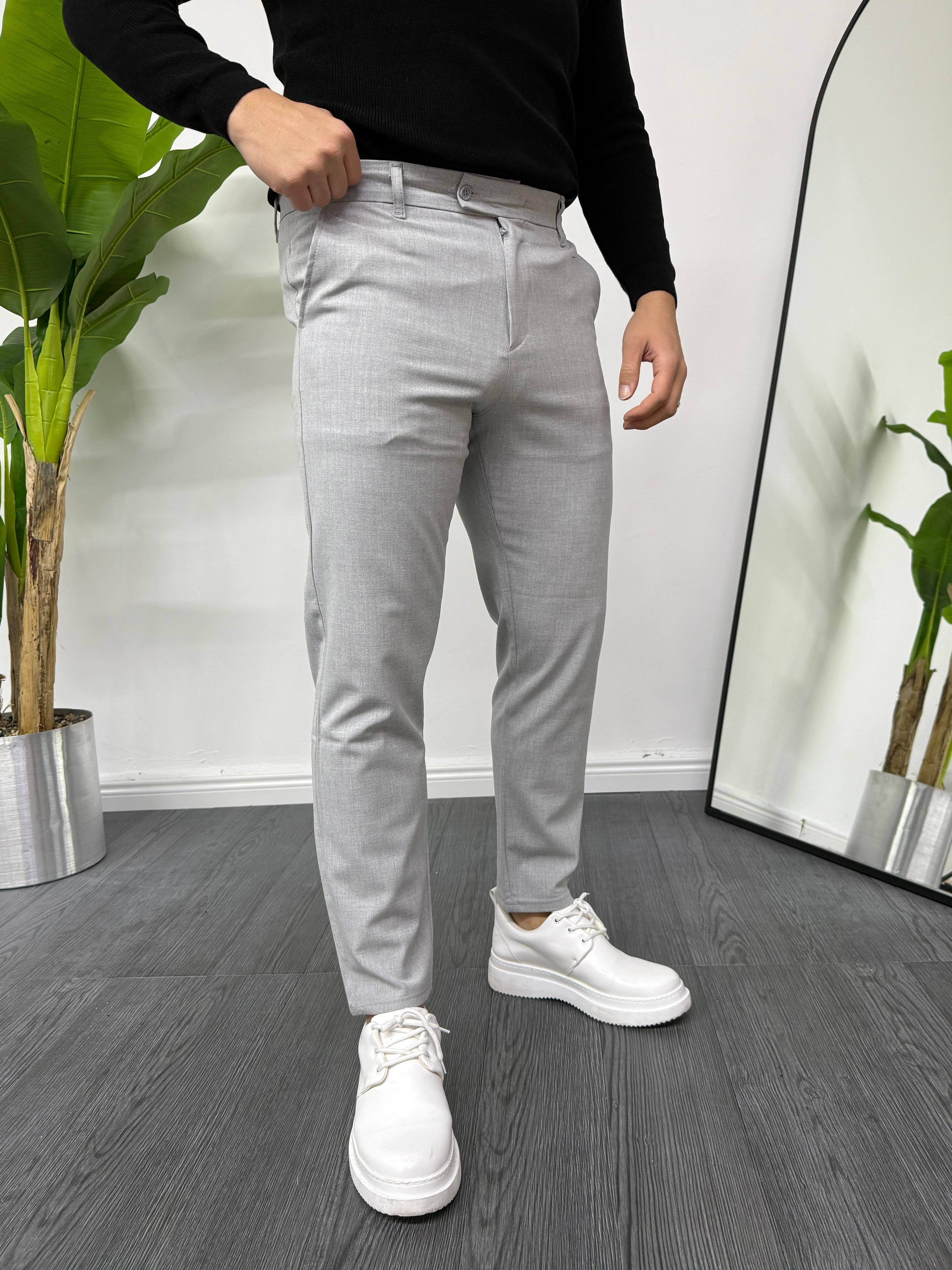 Likralı Slim Fit Dilli Kapama Kumaş Pantolon Gri