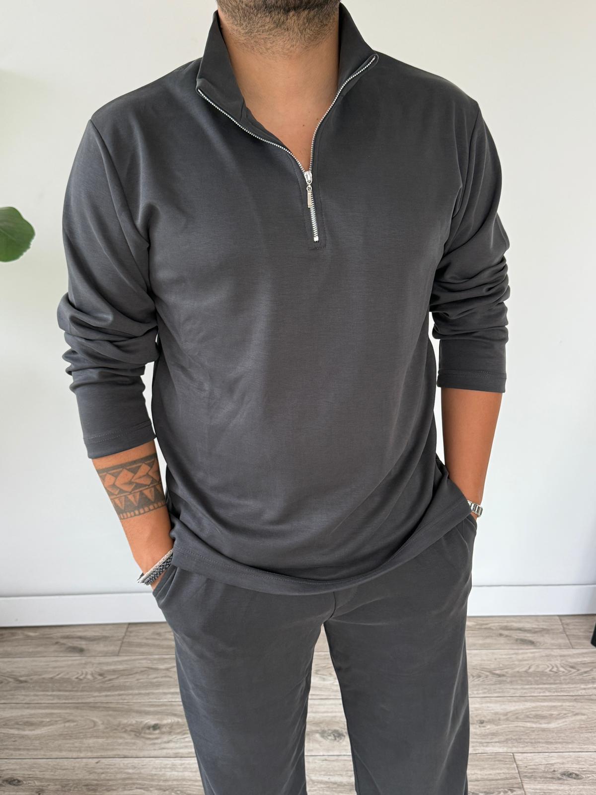 Oysho Kumaş Alt Üst Takım Alt Baggy Üst Yarım Fermuarlı Sweat - Haki Yeşili