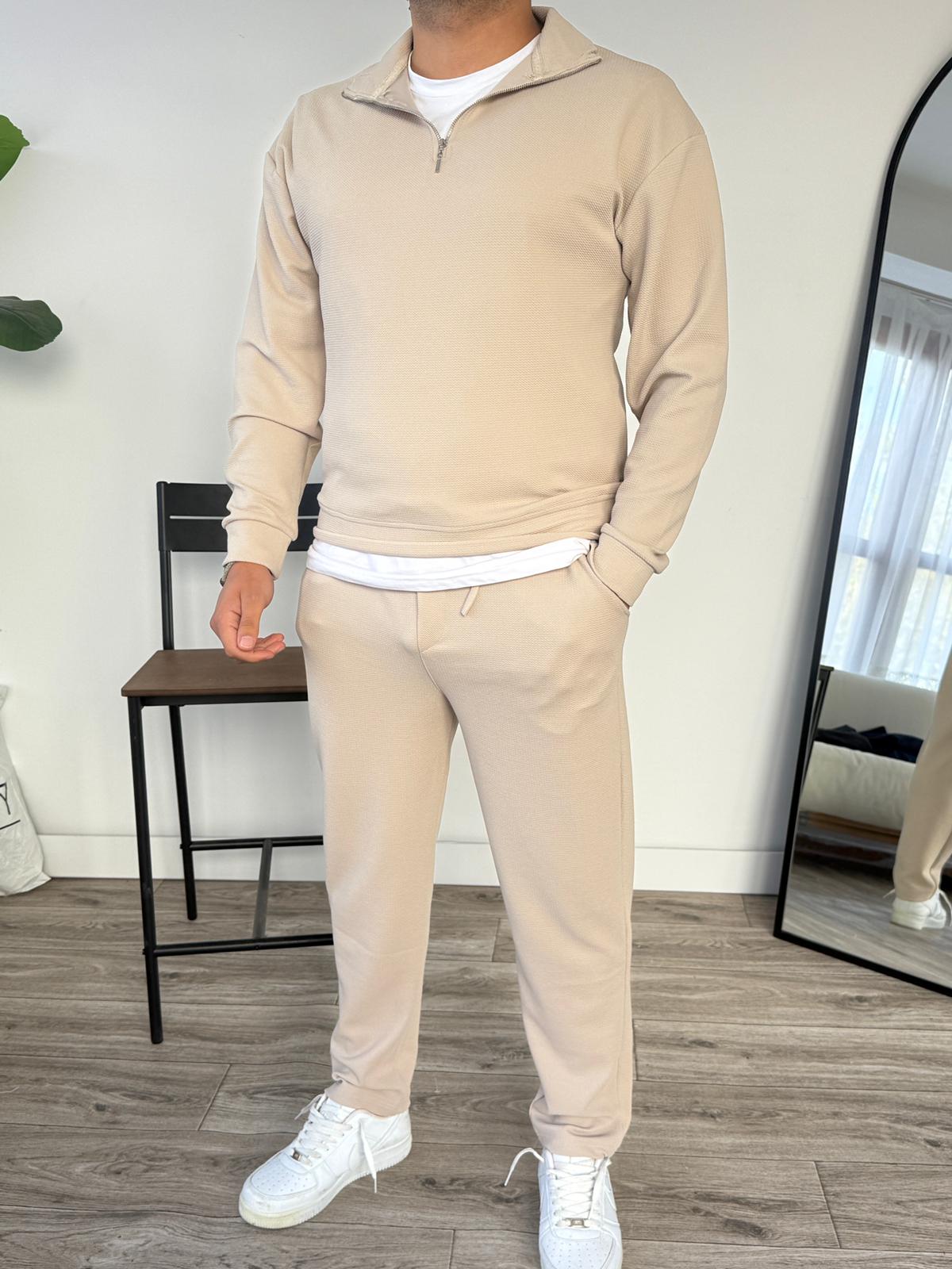 Petek Örme Alt Üst Yarım Fermuarlı Takım - Bej