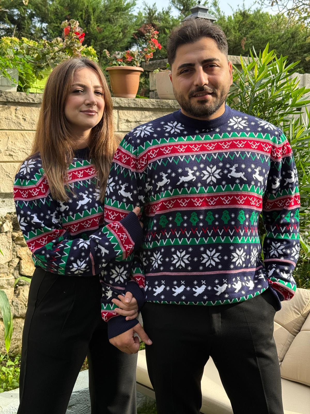 Yılbaşı Temalı Geyikli Triko Kazak  - Lacivert