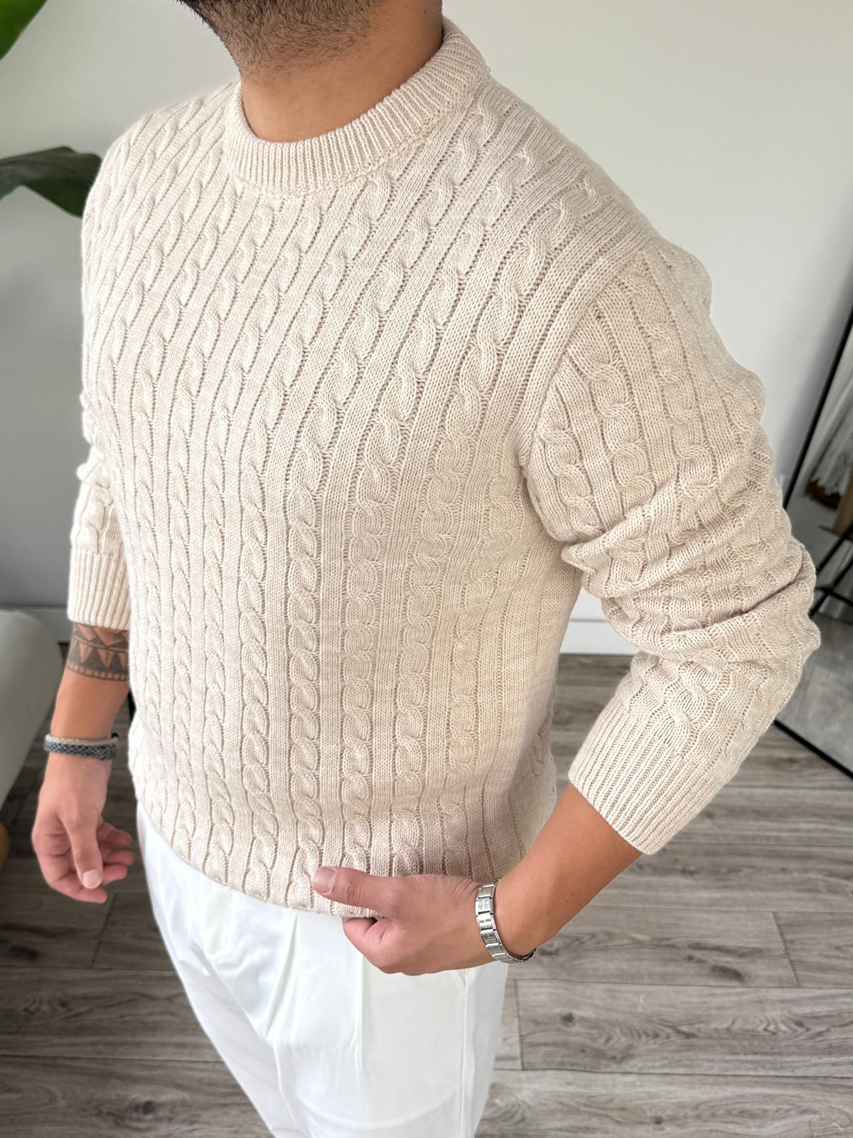 Saç Örgü Bisiklet Yaka Triko Kazak  - Bej